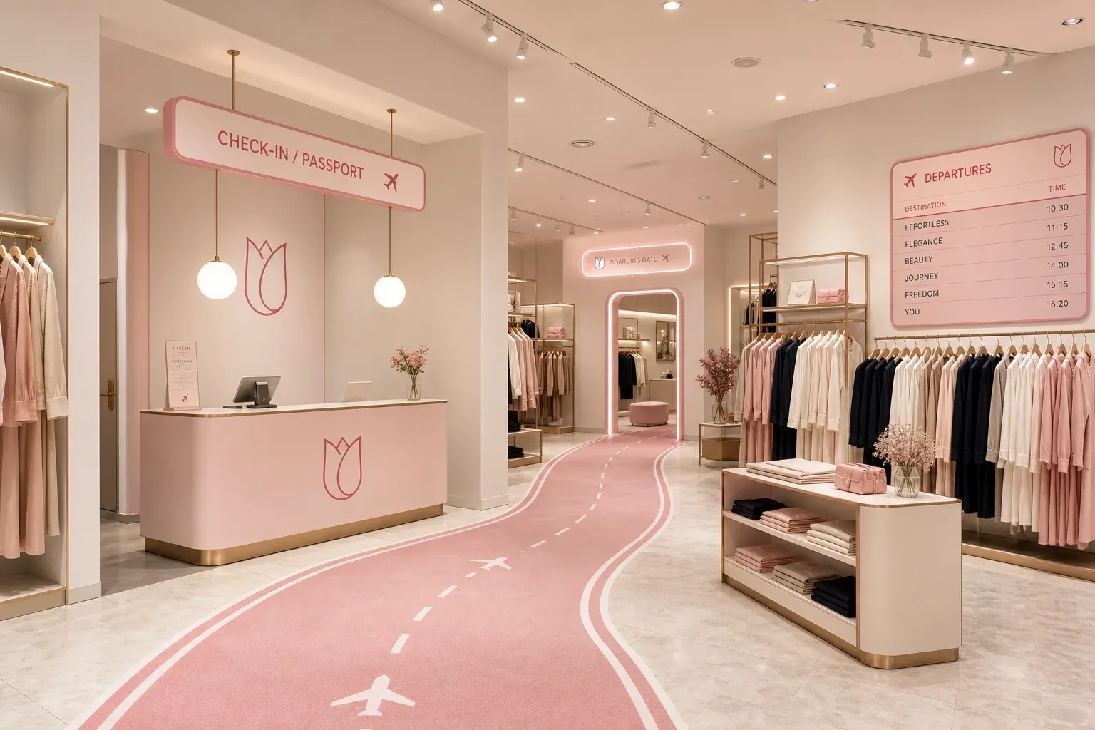 Concept render of a smaller branch: a Check-in and Passport sign over a pink counter, a curving runway on the floor and a departures board on the wall