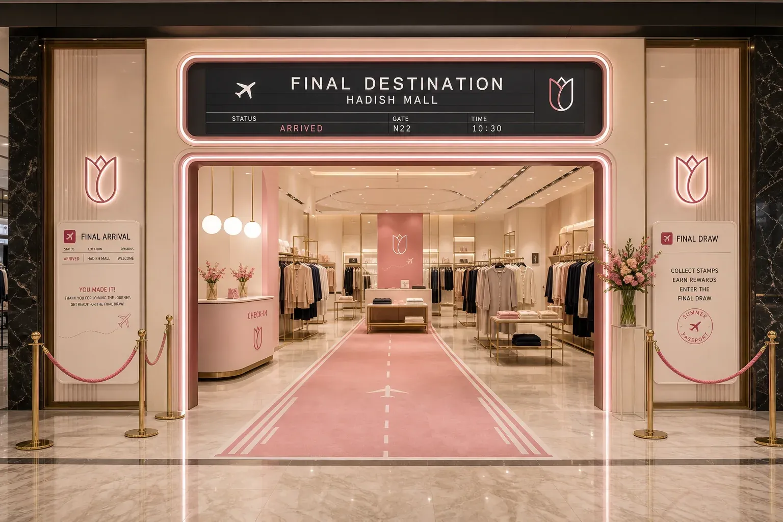 Concept render of the Hadish Mall opening: a Final destination, Hadish Mall departure board above the entrance, rope barriers, and Final arrival and Final draw signs