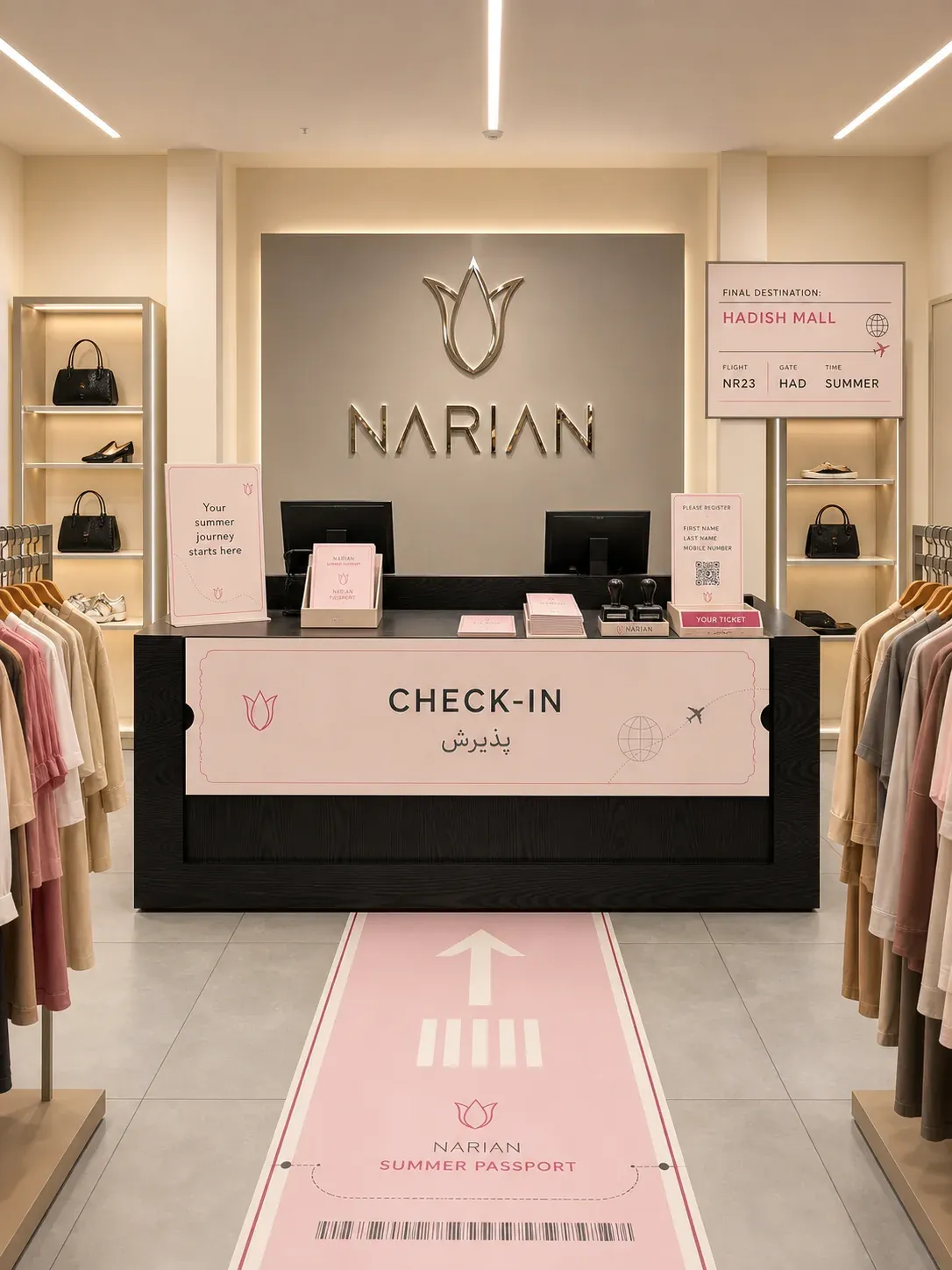 Concept render: the same counter dressed as a check-in desk, with a Check-in plaque, passport stacks, a registration sign, a Final destination: Hadish Mall board and a pink runway on the floor