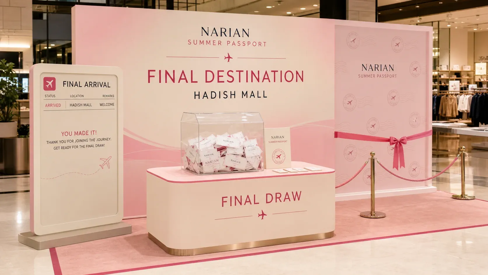 Concept render of the finale at Hadish Mall: a pink backdrop reading Final destination, Hadish Mall, a clear box of draw cards on a Final draw table and a Final arrival board