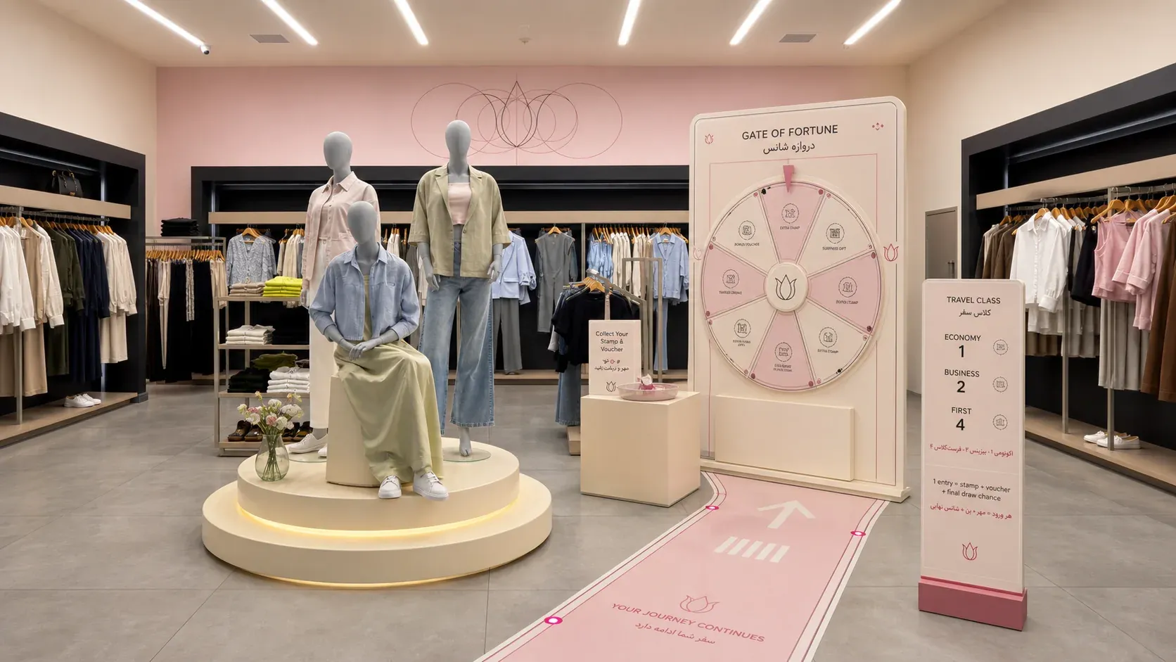 Concept render: a Gate of Fortune wheel with nine sectors beside the central mannequin platform, a travel-class sign listing Economy 1, Business 2 and First 4, and a pink runway on the floor