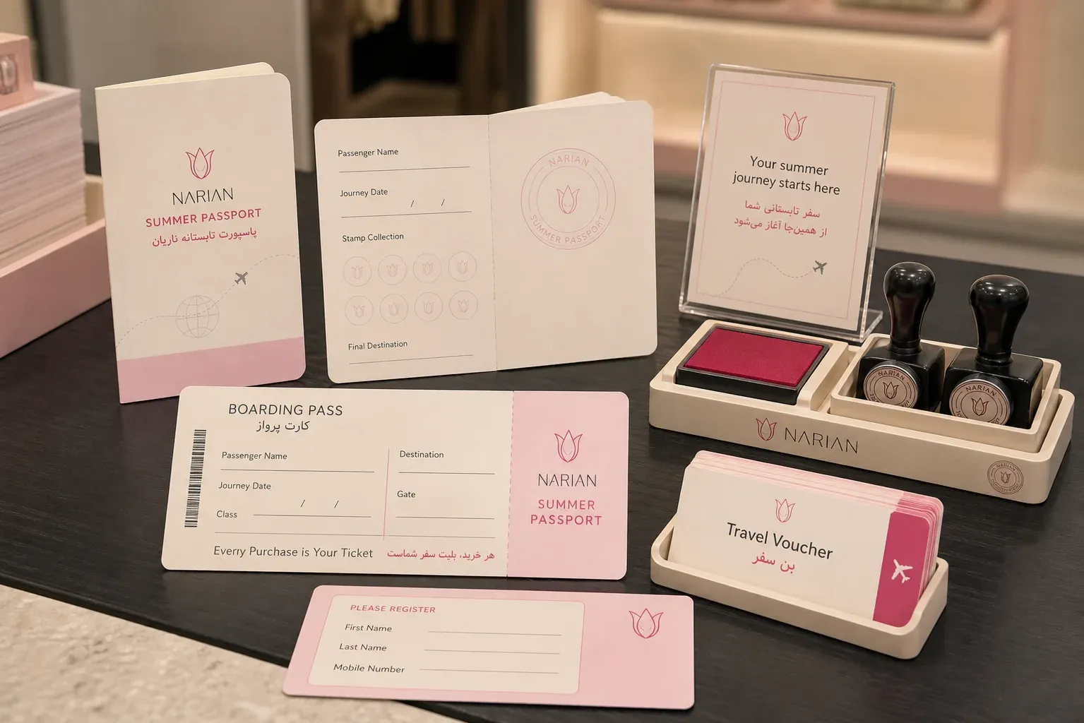 Concept render of the check-in handoff on a dark counter: a passport, a boarding pass, a registration card, two rubber stamps with an ink pad and a box of voucher cards