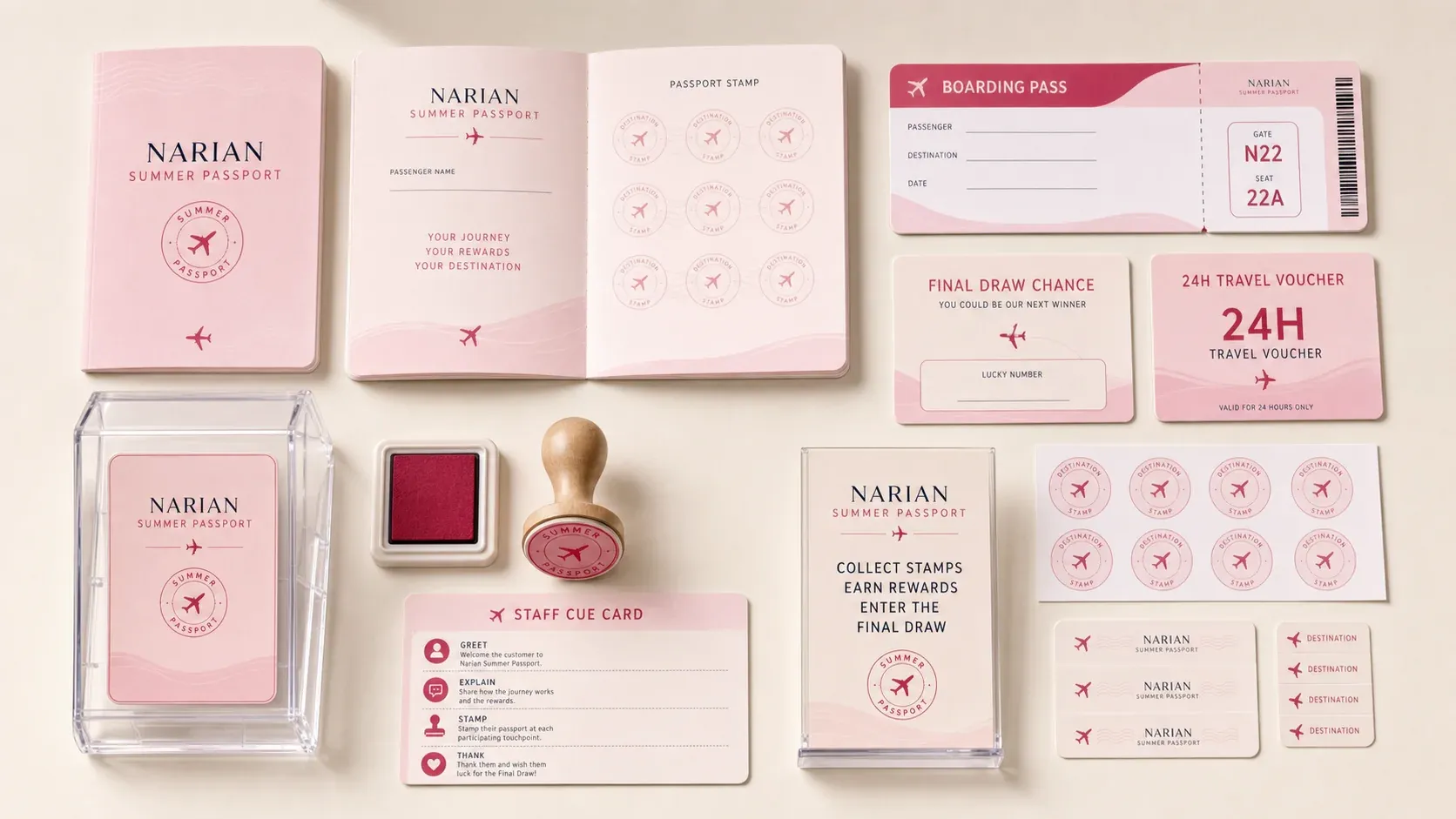 Concept render of the printed kit laid flat: passport covers and a stamp page, a boarding pass, a final draw card, a 24-hour voucher card, a staff cue card, a counter sign, a rubber stamp and labels