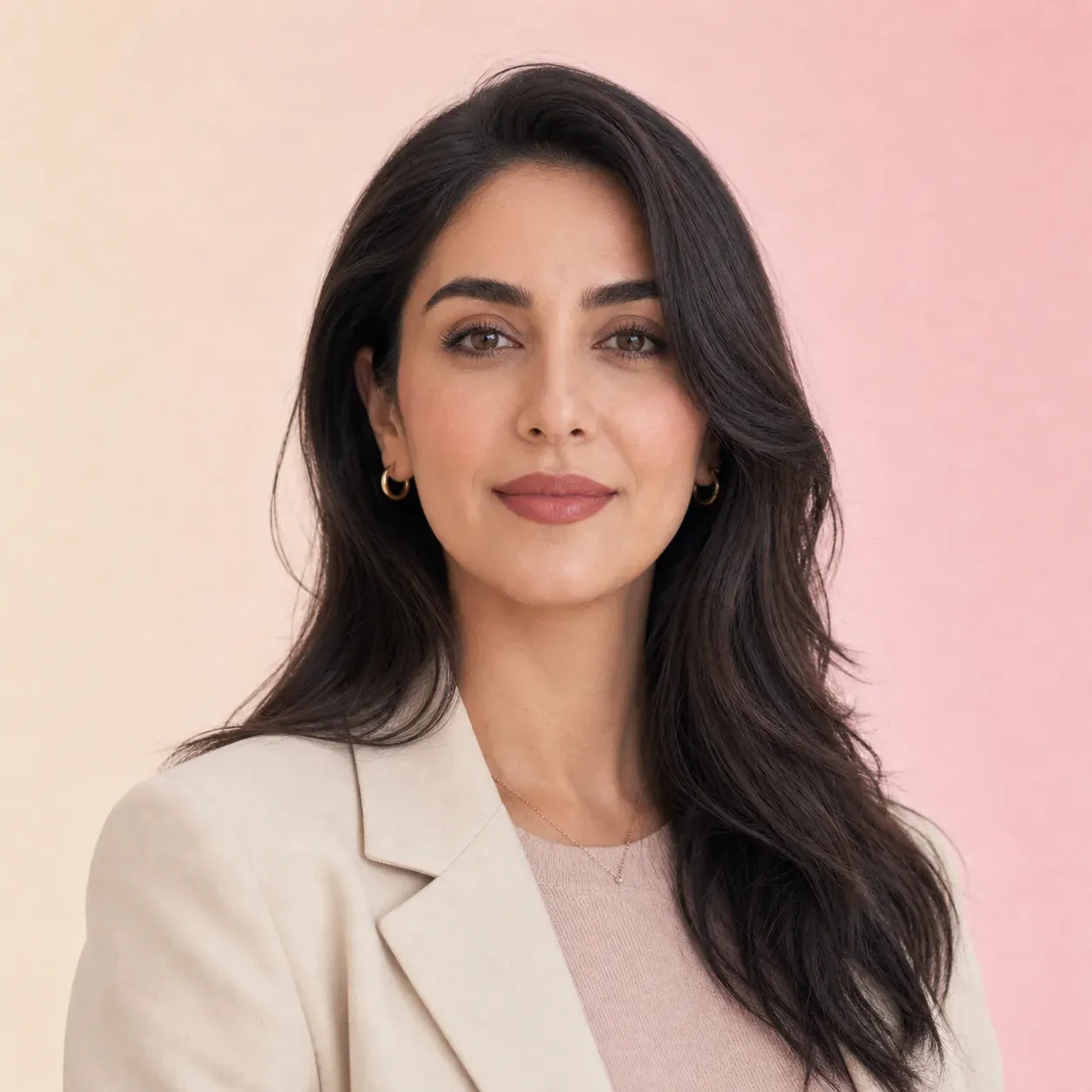AI portrait for the persona Nara, 25 to 35: a woman with long dark hair in a cream blazer against a soft pink background