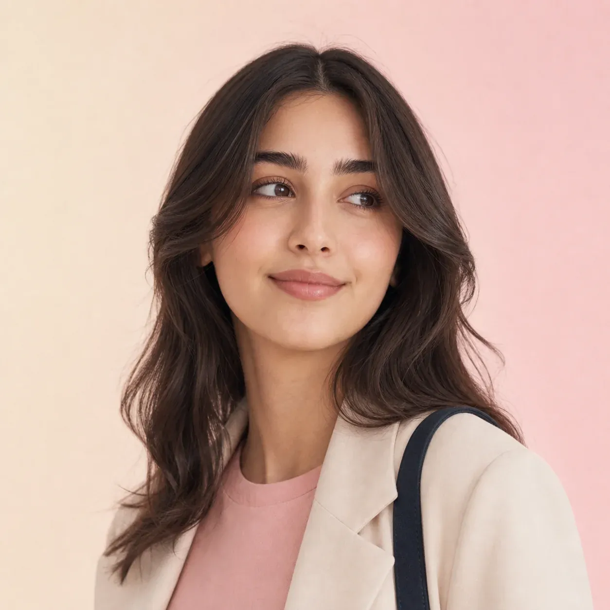 AI portrait for the persona Roz, 18 to 25: a young woman in a cream jacket against a soft pink background