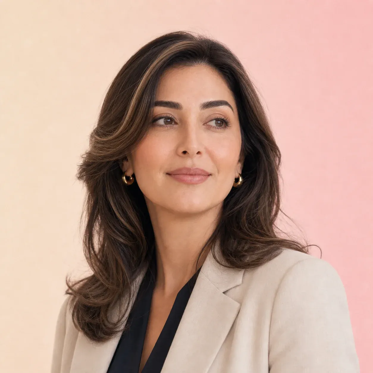 AI portrait for the persona Sara, 35 to 45: a woman in a cream blazer over a dark top against a soft pink background