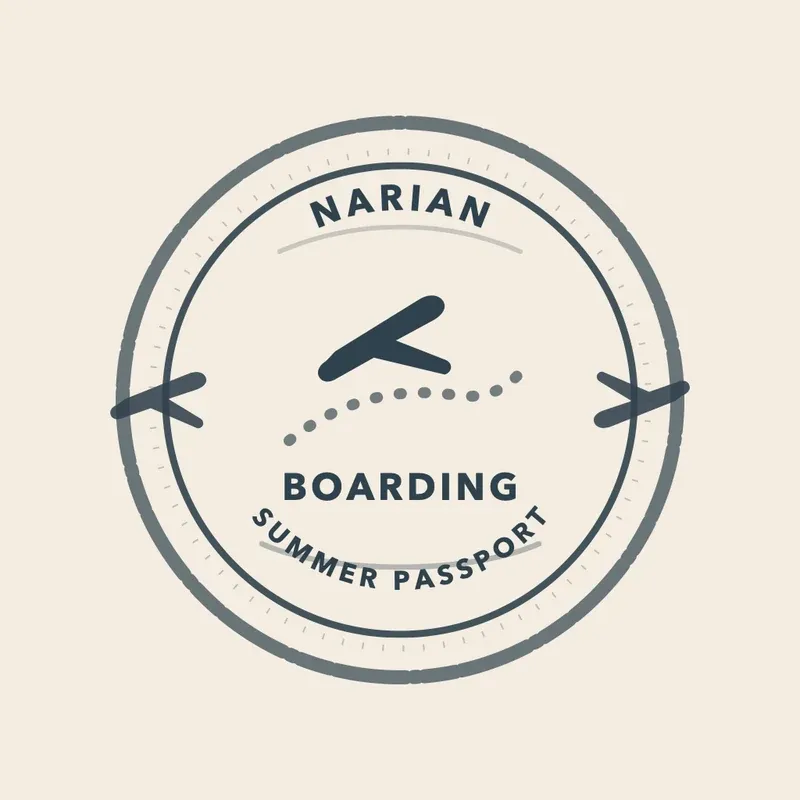 The Boarding stamp: a plane and a dotted flight path in blue-black, with a faint dotted outer ring