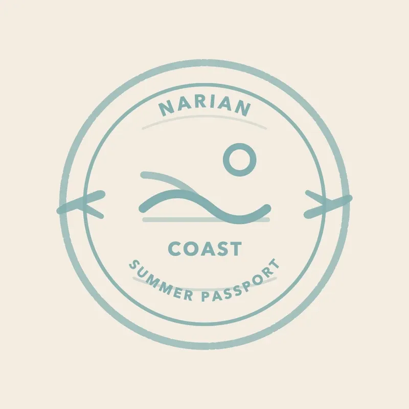 The Coast stamp: a sun over waves in pale blue inside the same round ring