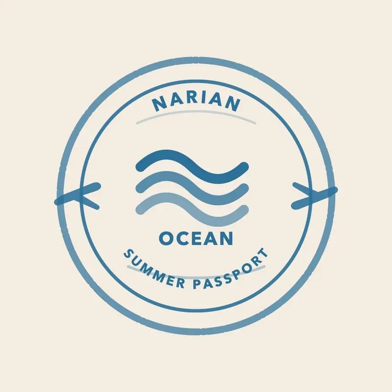 The Ocean stamp: three blue waves inside a round ring reading Narian and Summer Passport