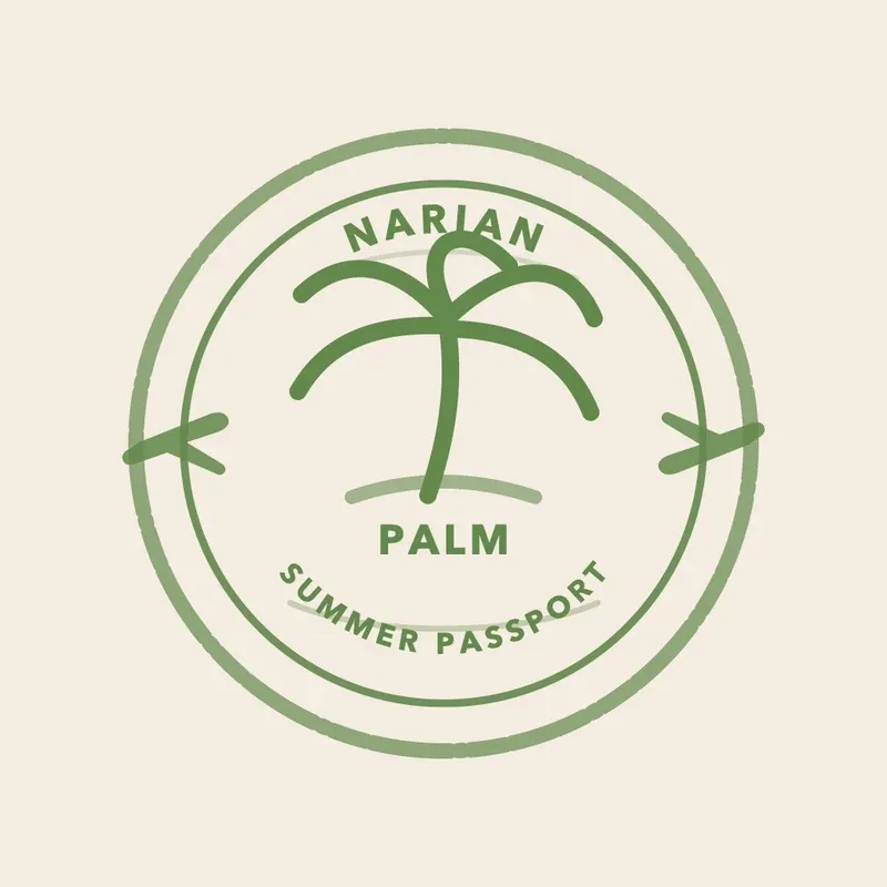 The Palm stamp: a palm tree in green inside the same round ring