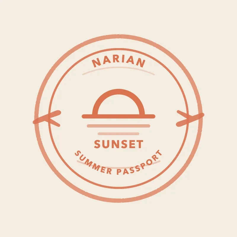 The Sunset stamp: a half sun on the horizon in coral inside the same round ring