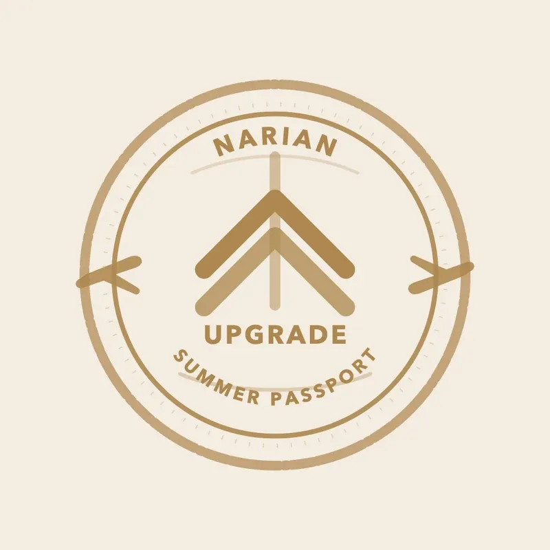 The Upgrade stamp: two upward chevrons in bronze, with a faint dotted outer ring