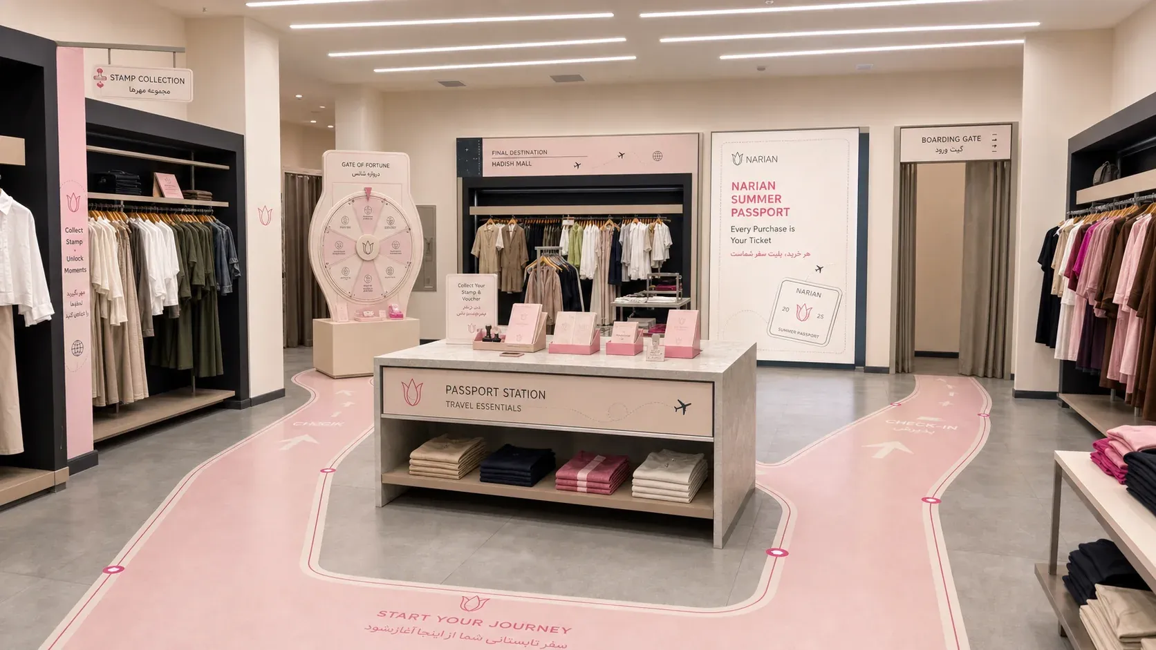 Concept render of a whole Narian store as a terminal: a pink path on the floor links a passport station table, a Gate of Fortune wheel, a stamp collection sign and a boarding gate