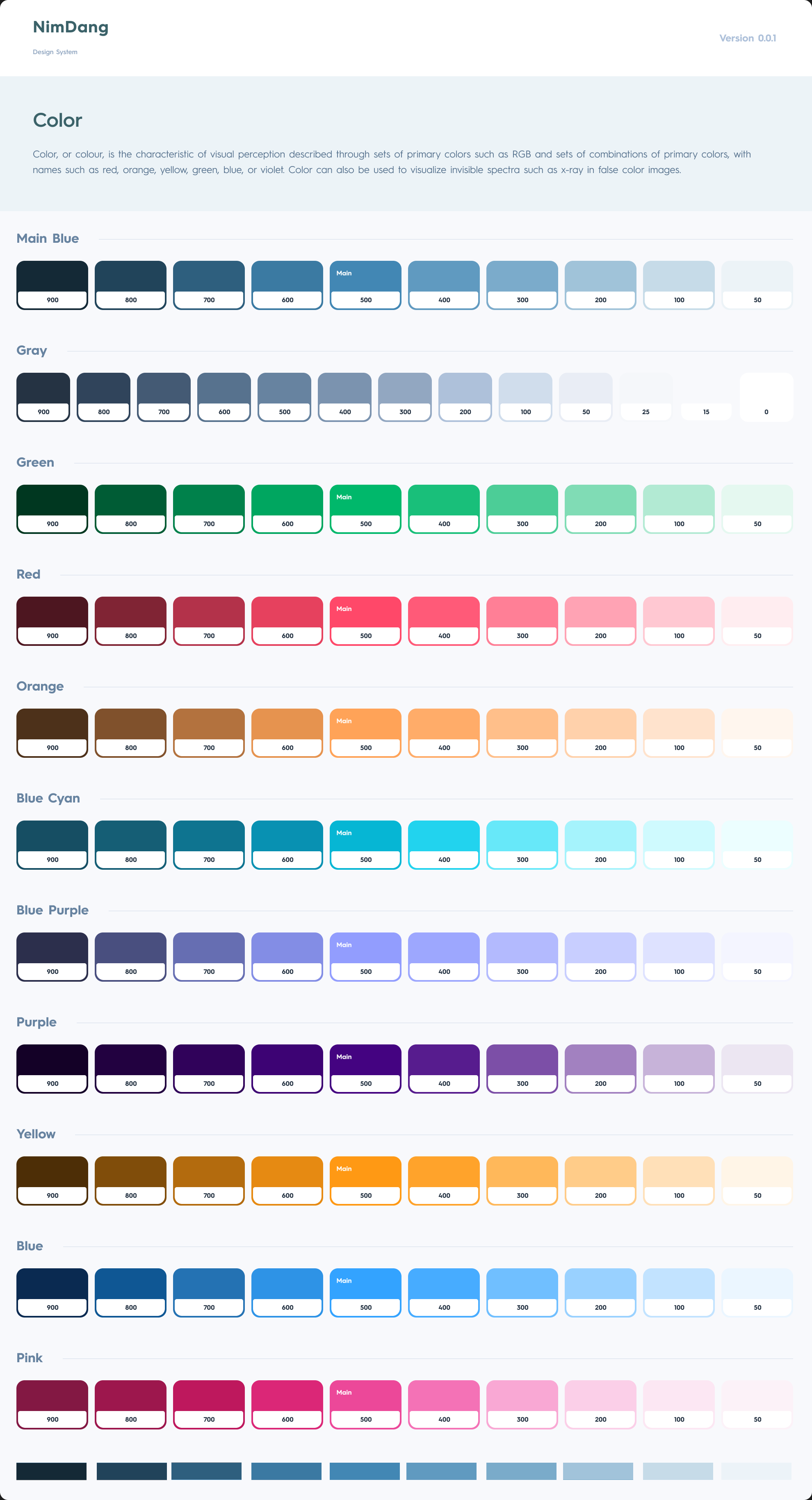 Nim Dang design system, version 0.0.1 — the colour board with its labelled ramps