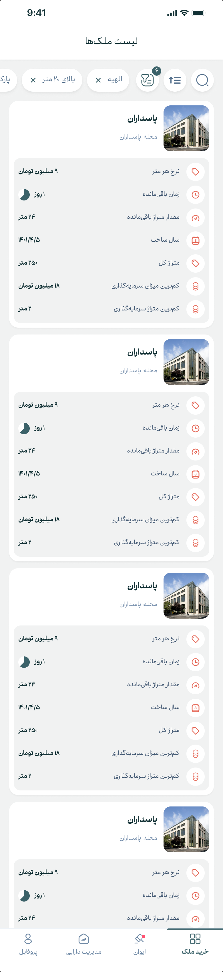 Nim Dang on a phone — listings in the Pasdaran neighbourhood, each card priced per square metre with the metres left to sell