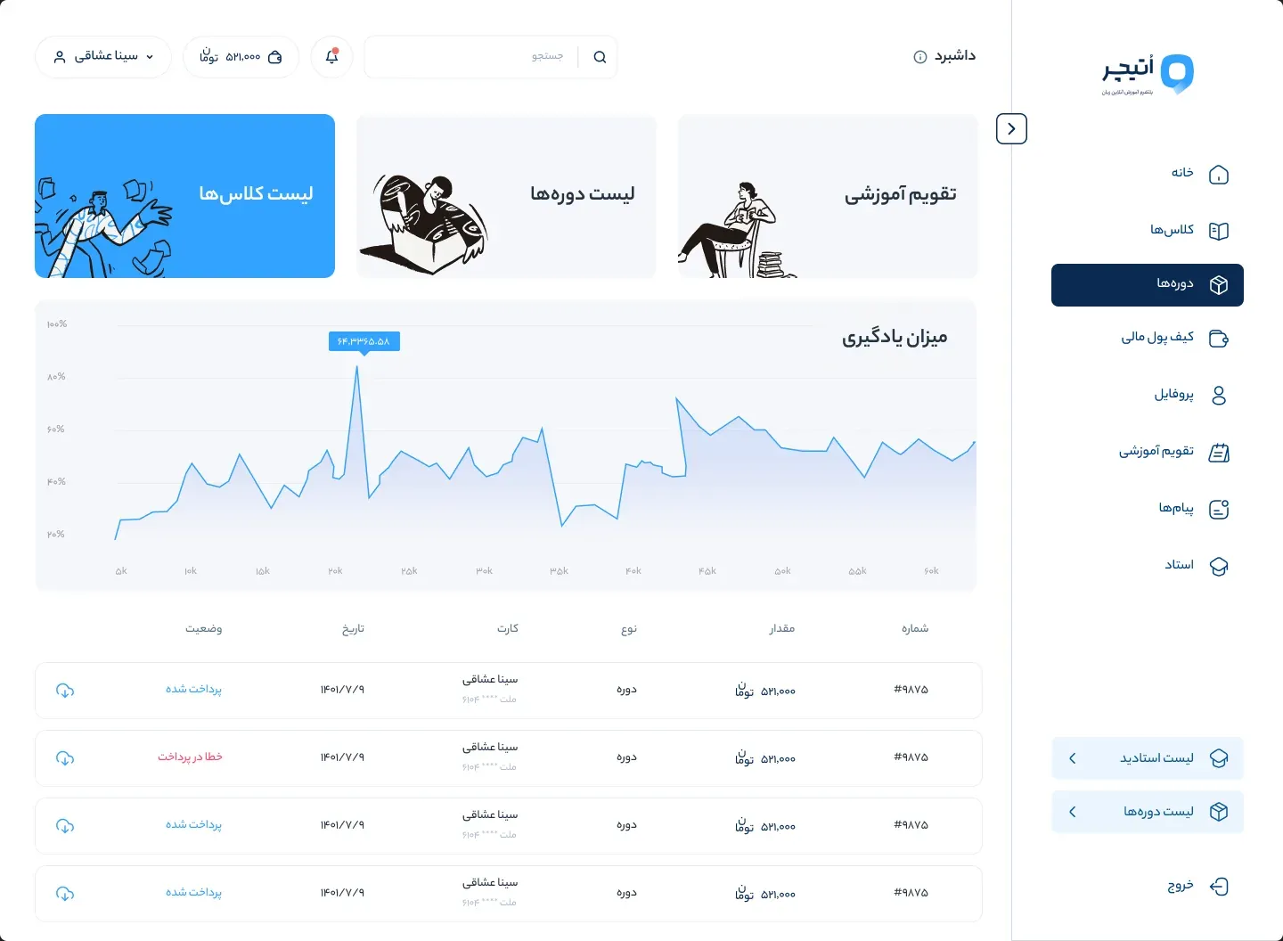 OTeacher concept screen — Panel concepts: Panel concept 1.1, side menu open