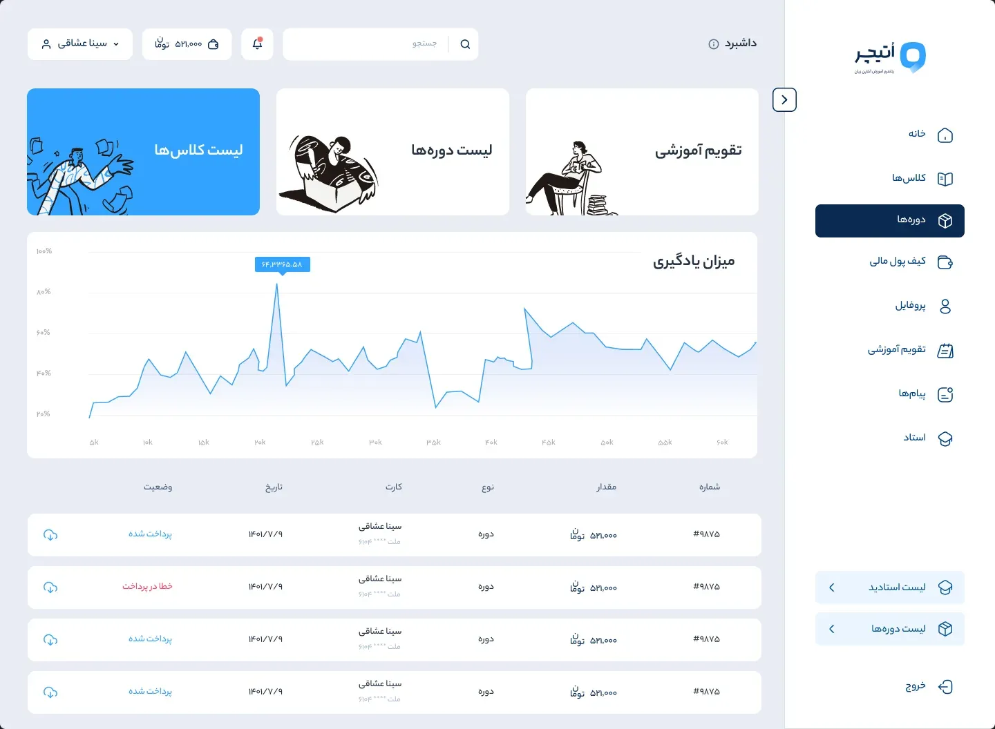 OTeacher concept screen — Panel concepts: Panel concept 1.2, side menu open