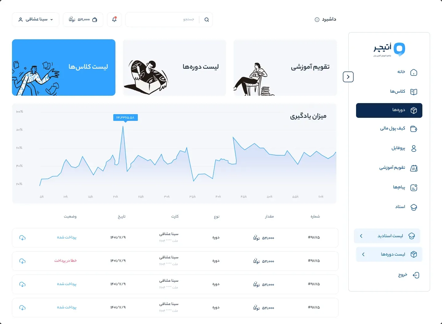 OTeacher concept screen — Panel concepts: Panel concept 1.3, side menu open