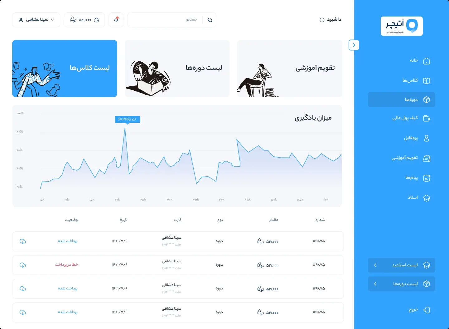OTeacher concept screen — Panel concepts: Panel concept 2.3, side menu open