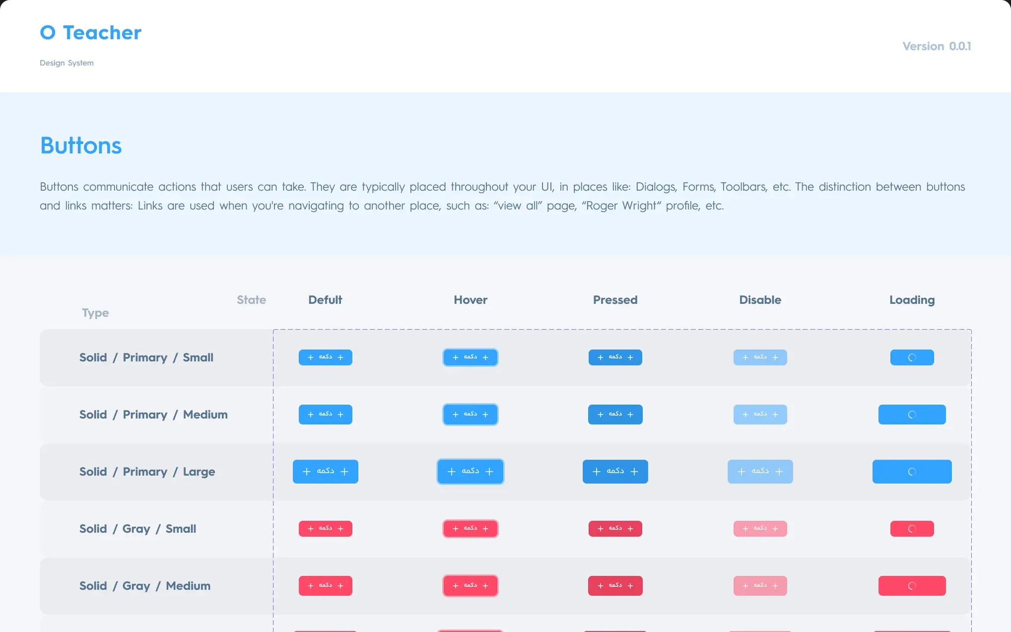 OTeacher design system board — Design system: buttons