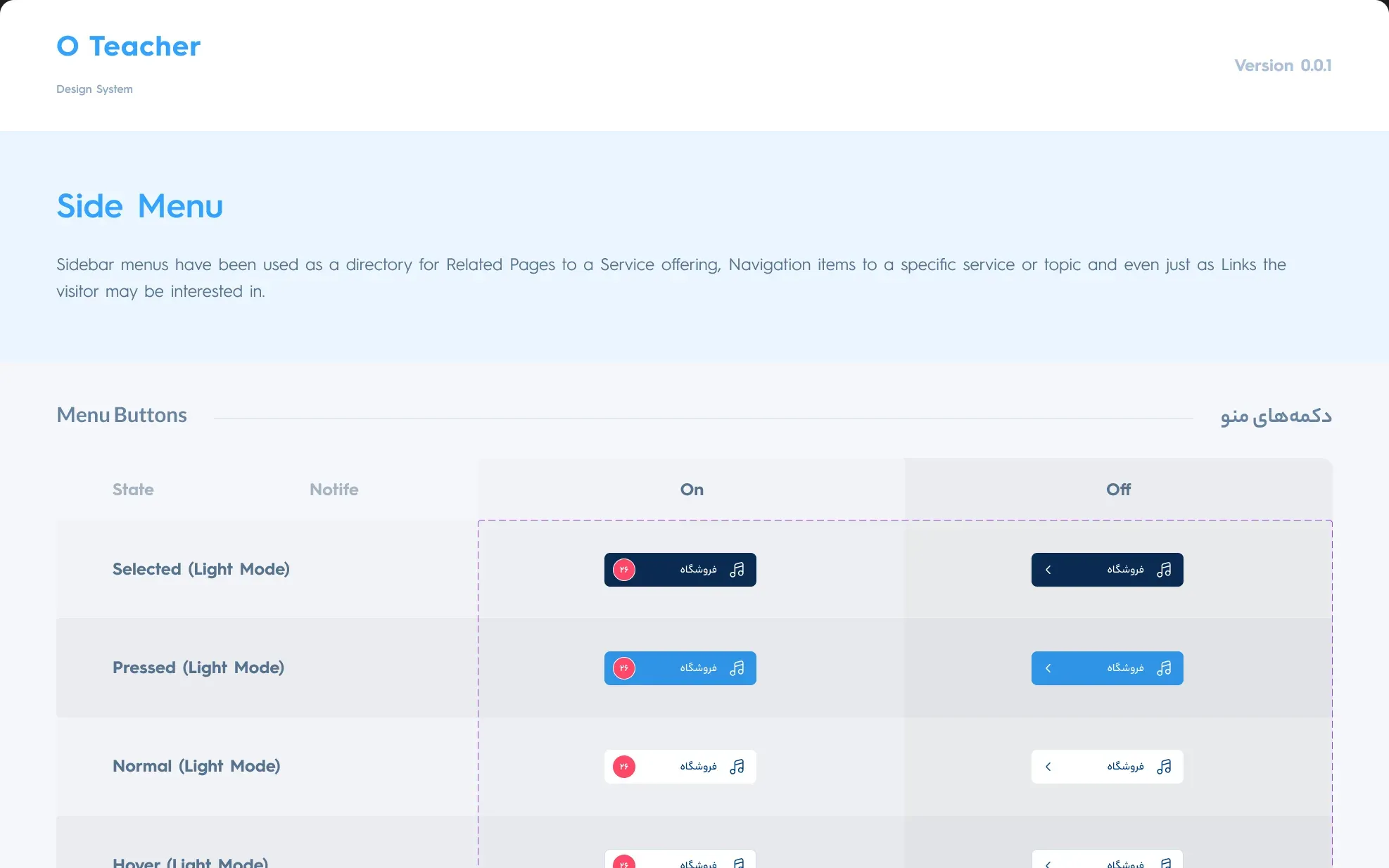 OTeacher design system board — Design system: side menu