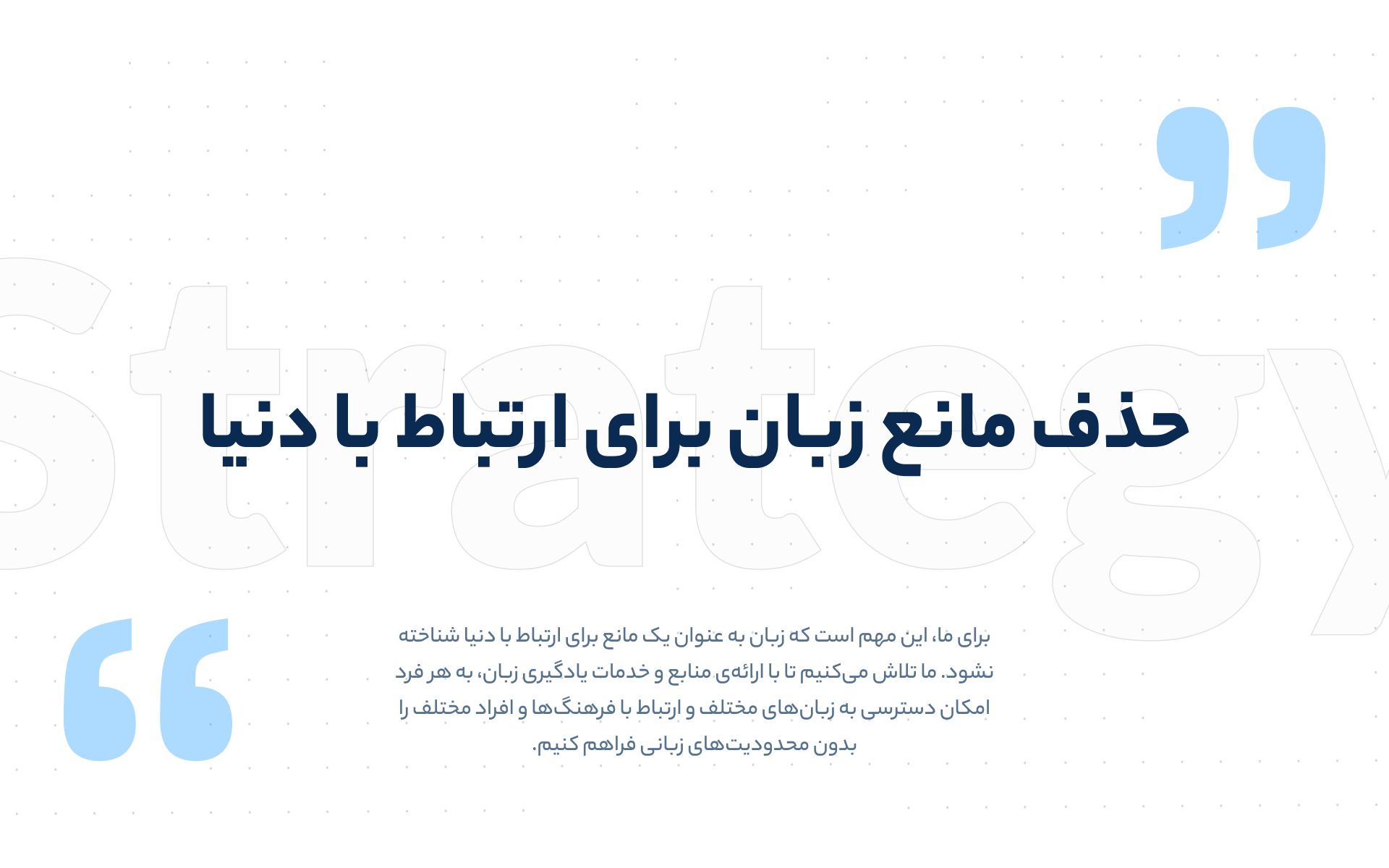 Strategy draft, slide 3 — the mission: removing language as a barrier to connecting with the world