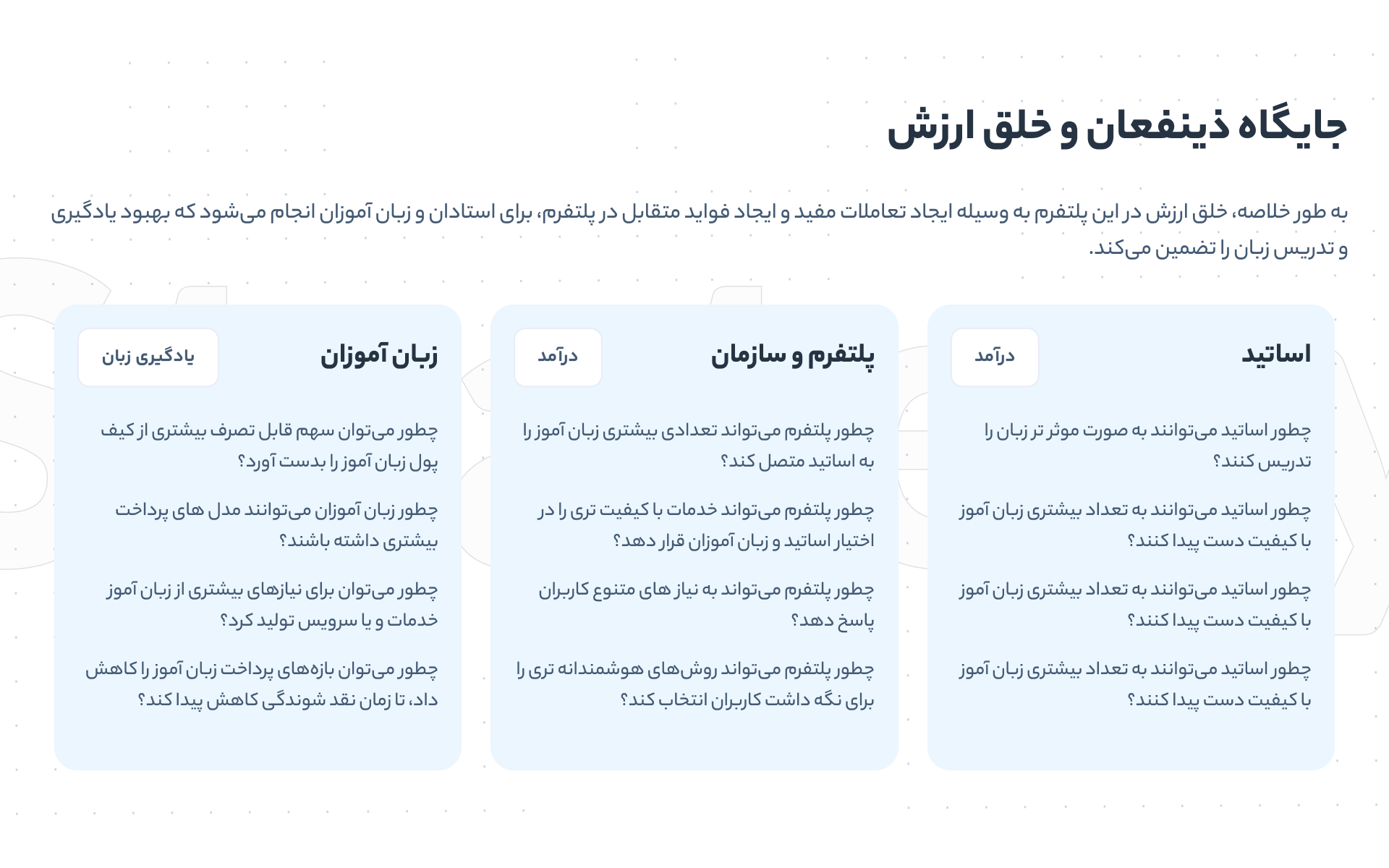 Strategy draft, slide 9 — stakeholders and value: teachers and the platform earn income, learners learn a language