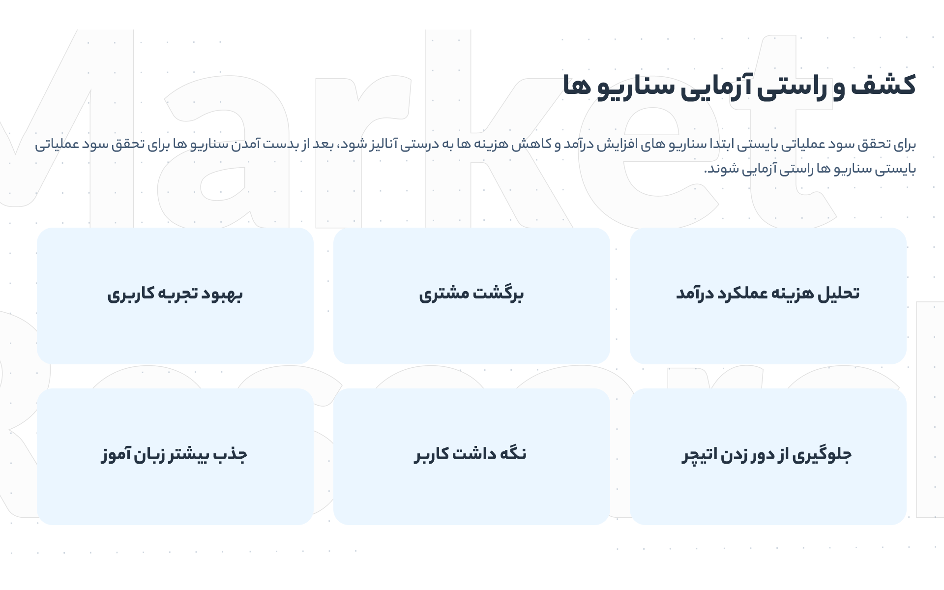 Market-research deck, slide 8 — six scenarios to find and test, from returning customers to stopping users going around OTeacher