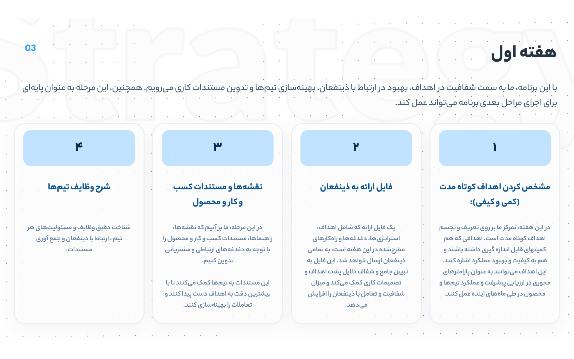 Strategy presentation, slide 4 — week one: short-term goals, a presentation for stakeholders, business and product maps, each team’s duties