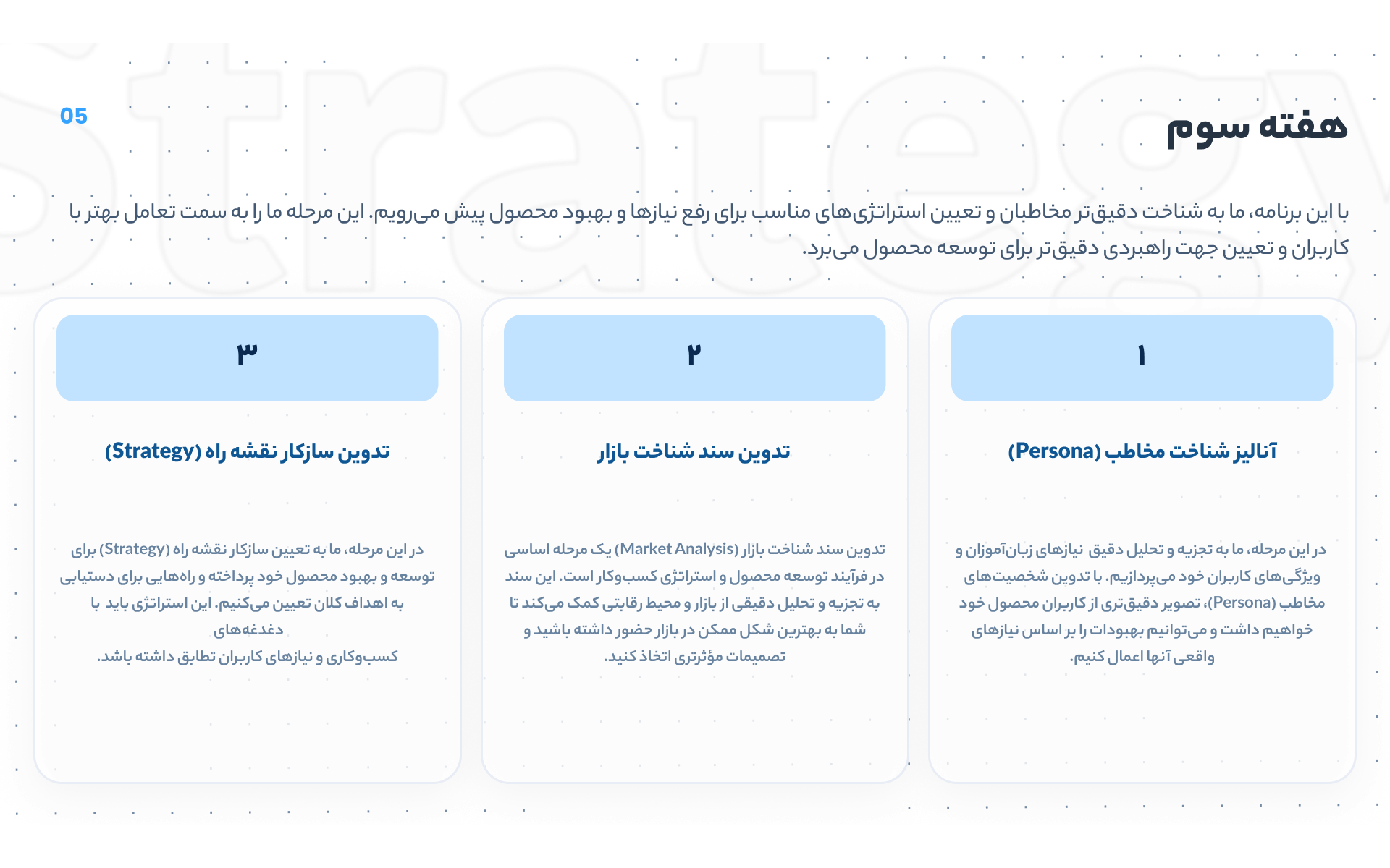Strategy presentation, slide 6 — week three: persona analysis, a market-analysis document and the method for the roadmap