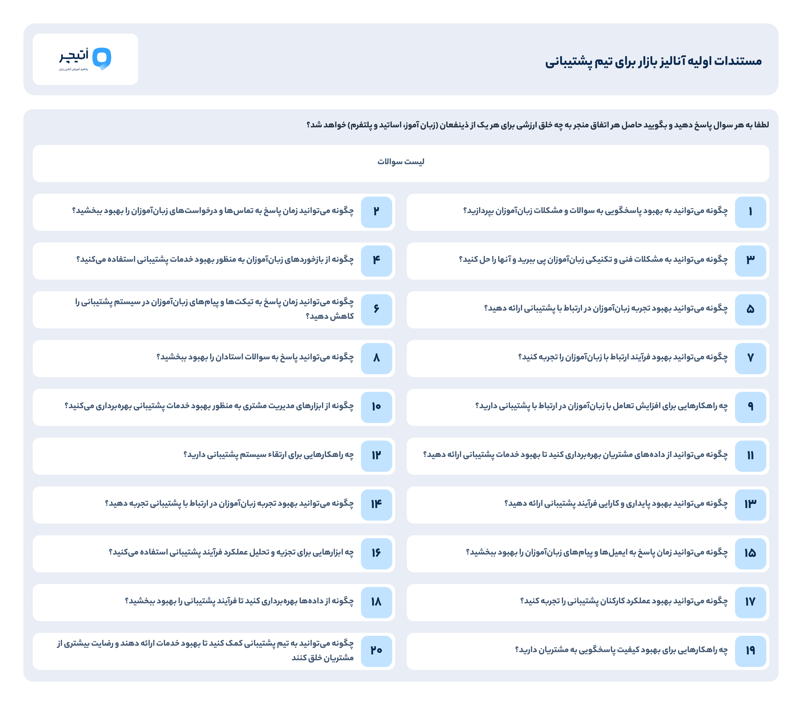 Question list for the support team — twenty numbered questions in Persian