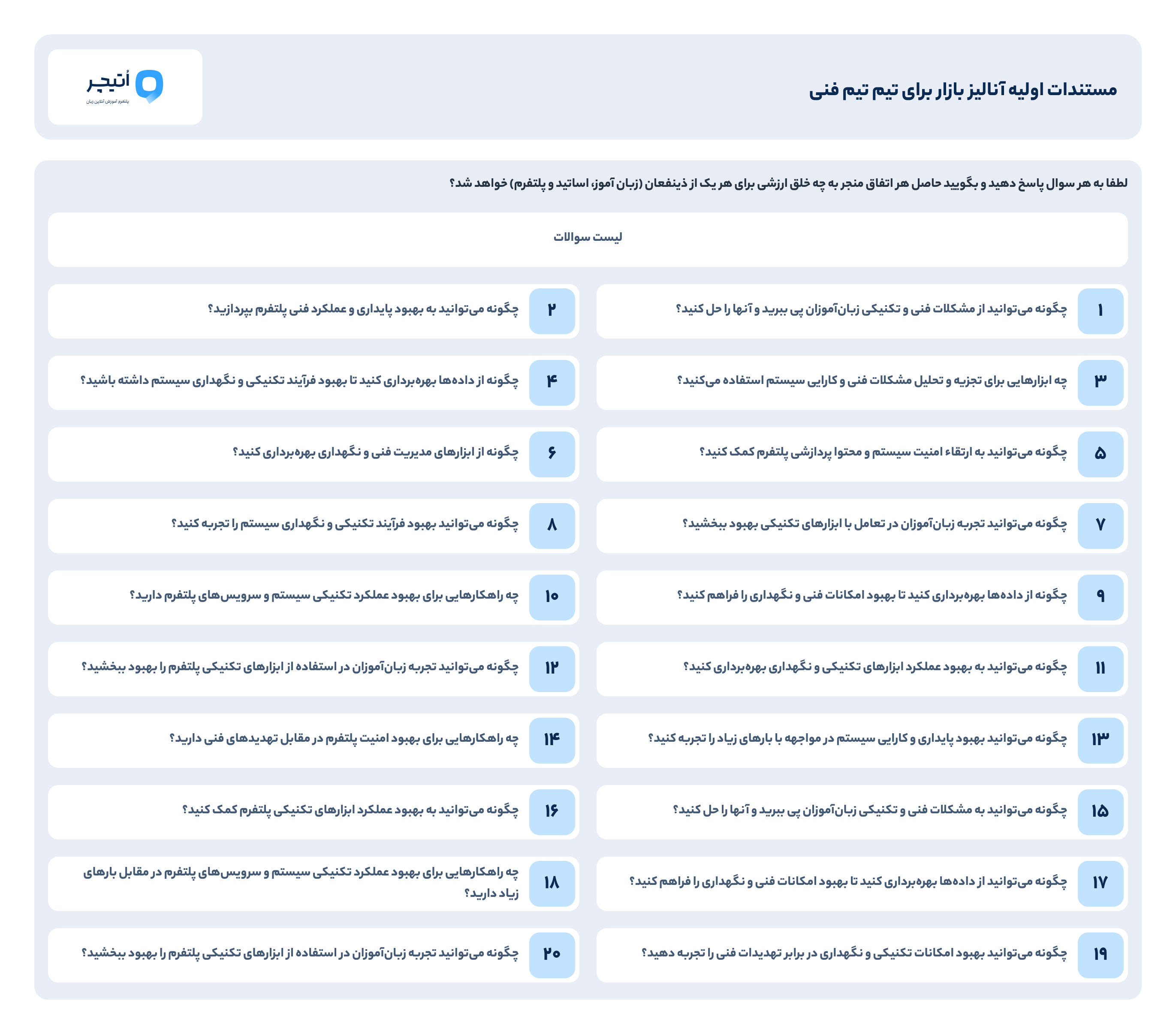 Question list for the technical team — twenty numbered questions in Persian