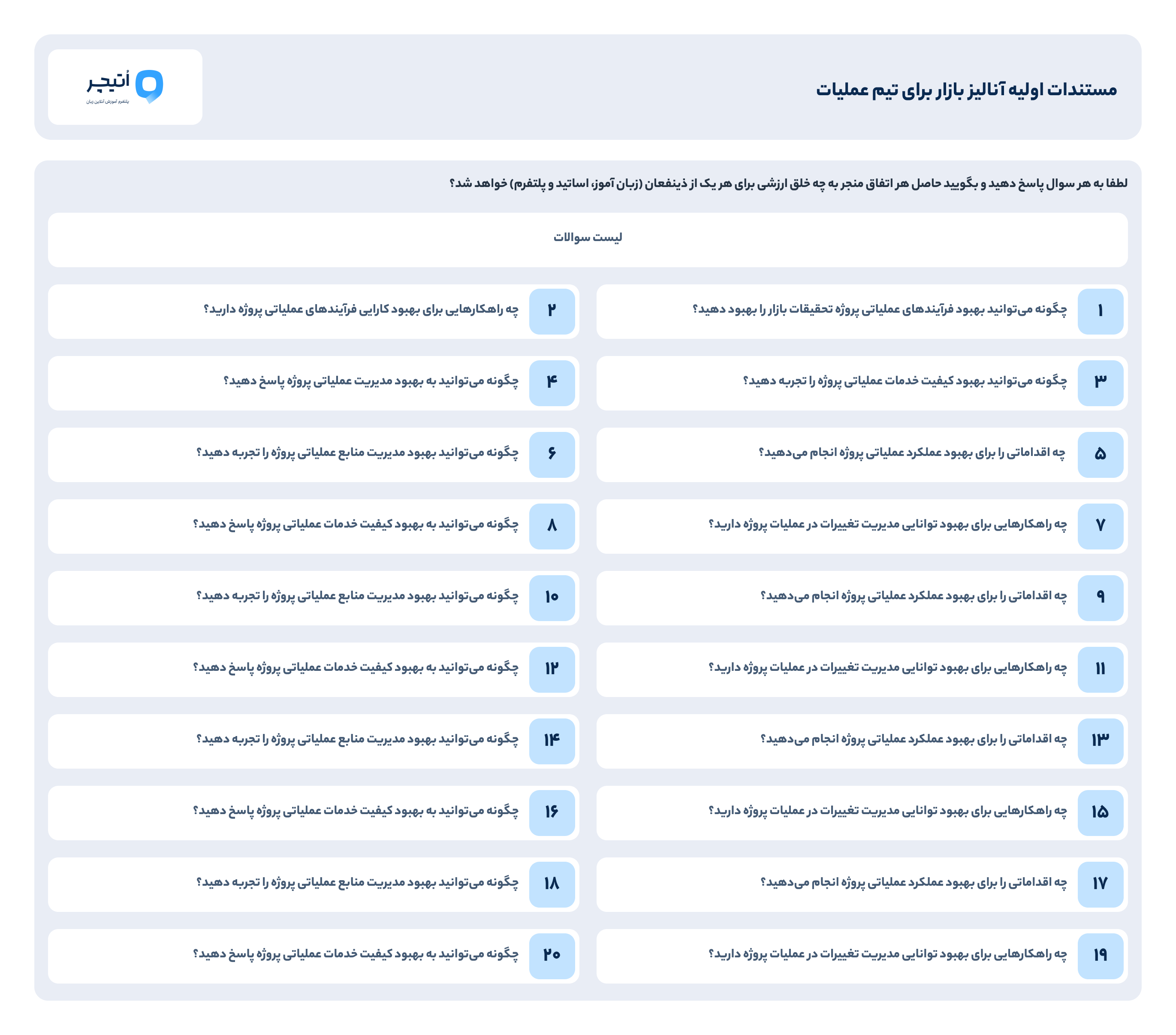 Question list for the operations team — twenty numbered questions in Persian