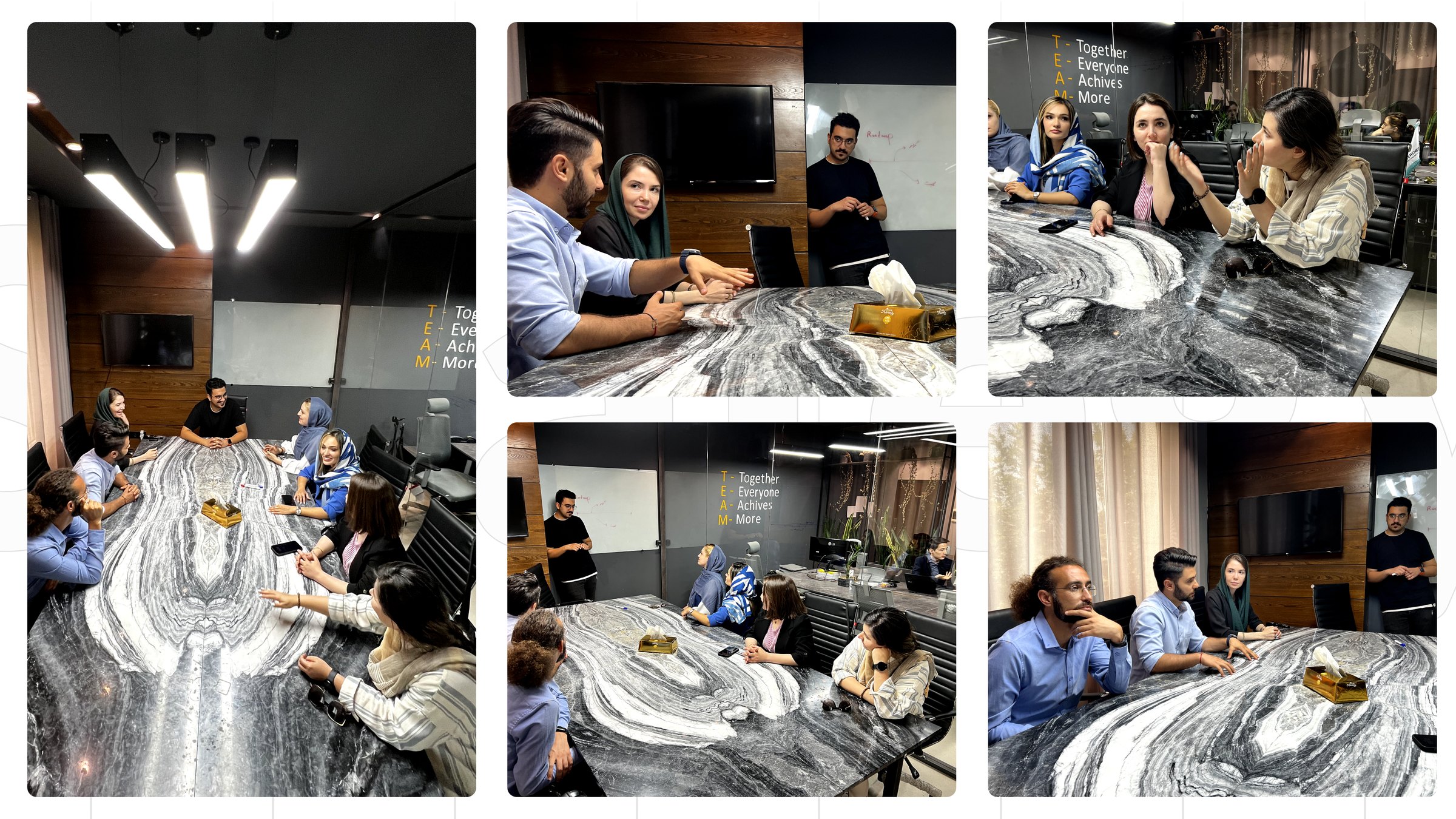Five photographs of interview sessions with OTeacher teachers around a marble meeting table