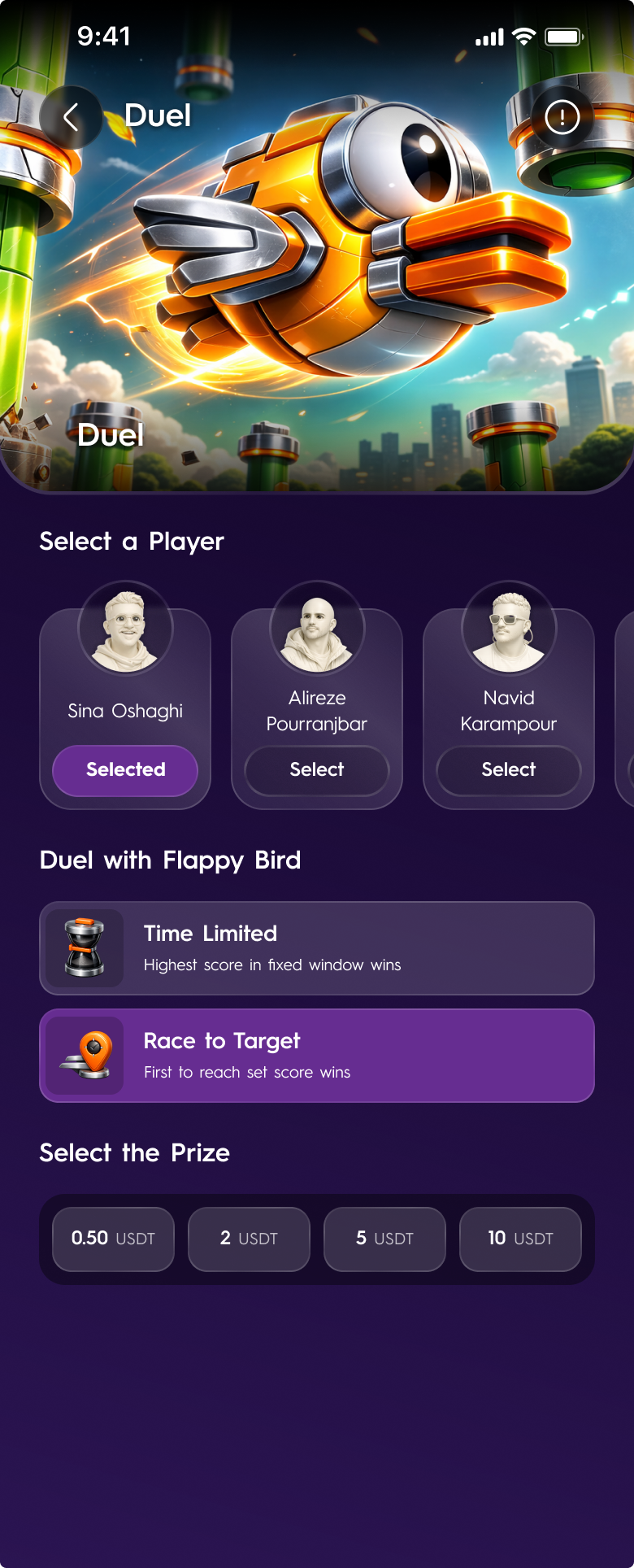 Duel setup with a player selected, race to target chosen and the stake options from 0.50 to 10 USDT