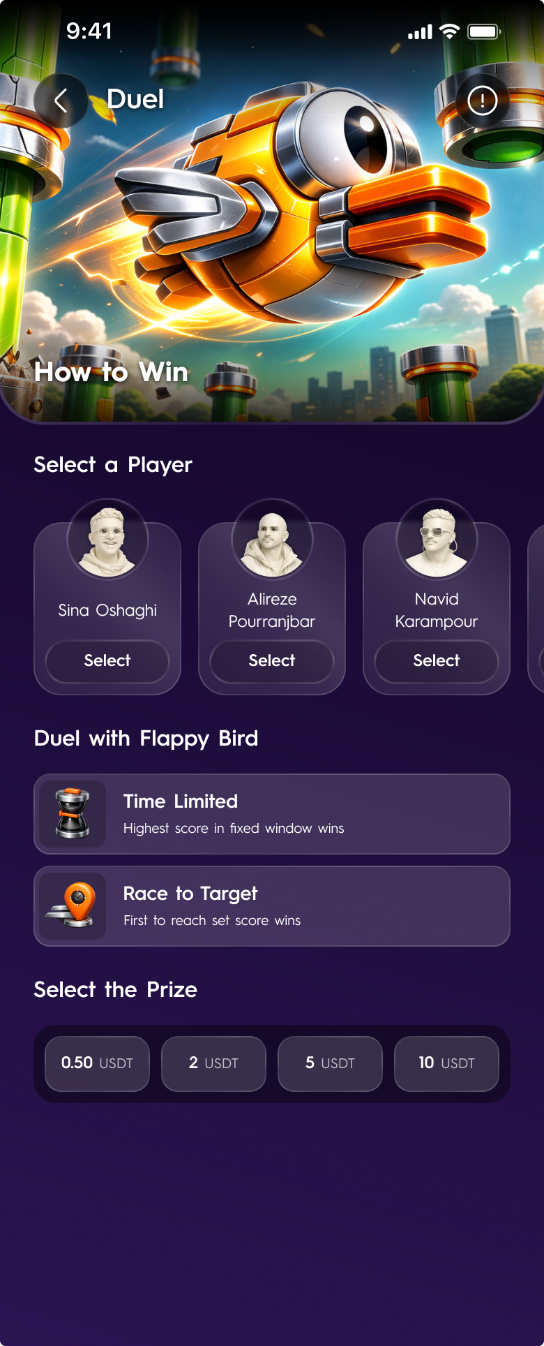 Duel setup: select a player, a format — time limited or race to target — and the prize