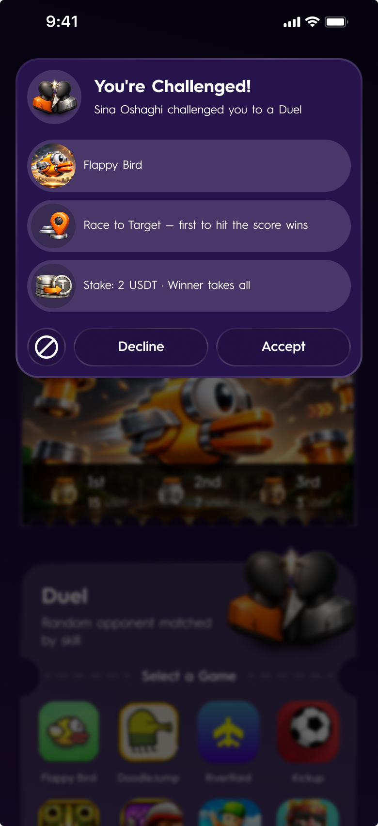 RP1 duel challenge sheet: an incoming Flappy Bird duel in race-to-target format with a 2 USDT stake, and Decline / Accept actions
