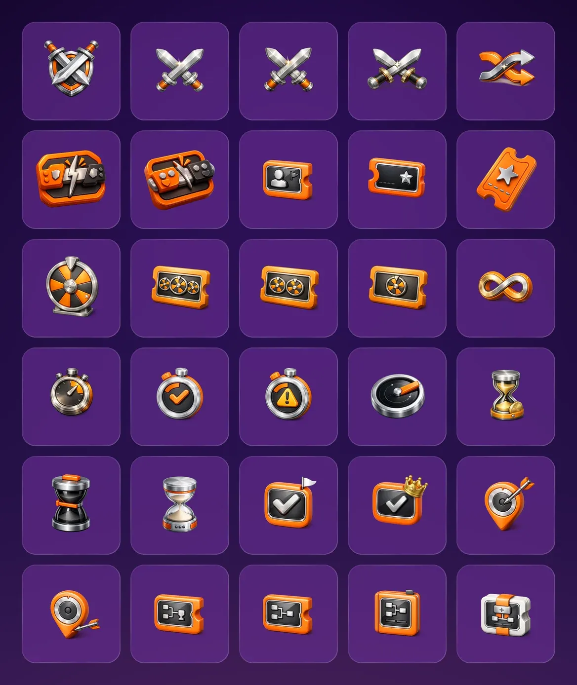 Thirty 3D icons on purple glass tiles: crossed swords, a shuffle arrow, battle badges, tickets, the Lucky Wheel and tickets for one to three spins, an infinity sign, stopwatches with a tick or a warning, a timer dial, hourglasses, a tick with a flag or a crown, target pins and tournament bracket cards.