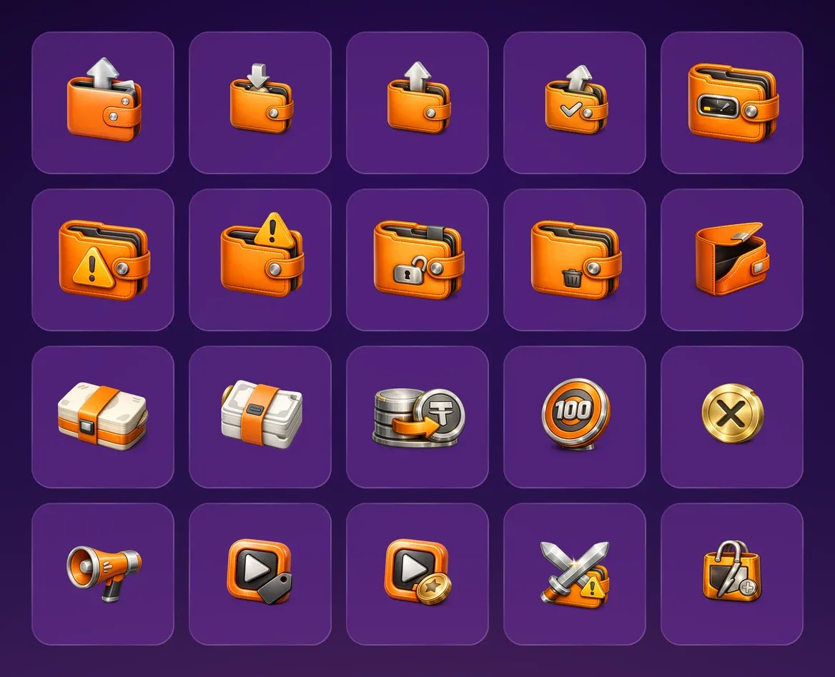 Twenty 3D icons on purple glass tiles: a wallet with an arrow out or in, a tick, a gauge, a warning, a padlock or a bin, an open wallet, cash stacks, coins turning into USDT, a 100 coin, a coin with a cross, a megaphone, play buttons with a price tag or a coin, swords over a wallet warning and a bag with a bolt.