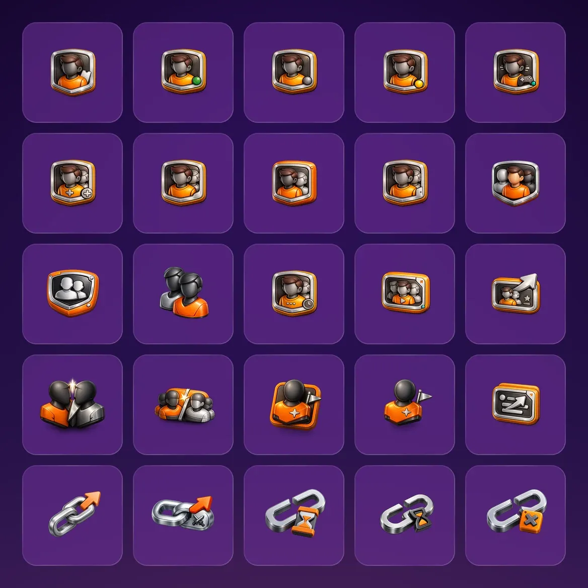 Twenty-five 3D icons on purple glass tiles: profile frames with an online, offline, busy or in-game status, adding and pairing friends, groups and teams, two players facing off, players with a flag, a player card and a stats card with rising arrows, and a link with an arrow, swords, an hourglass or a cross.