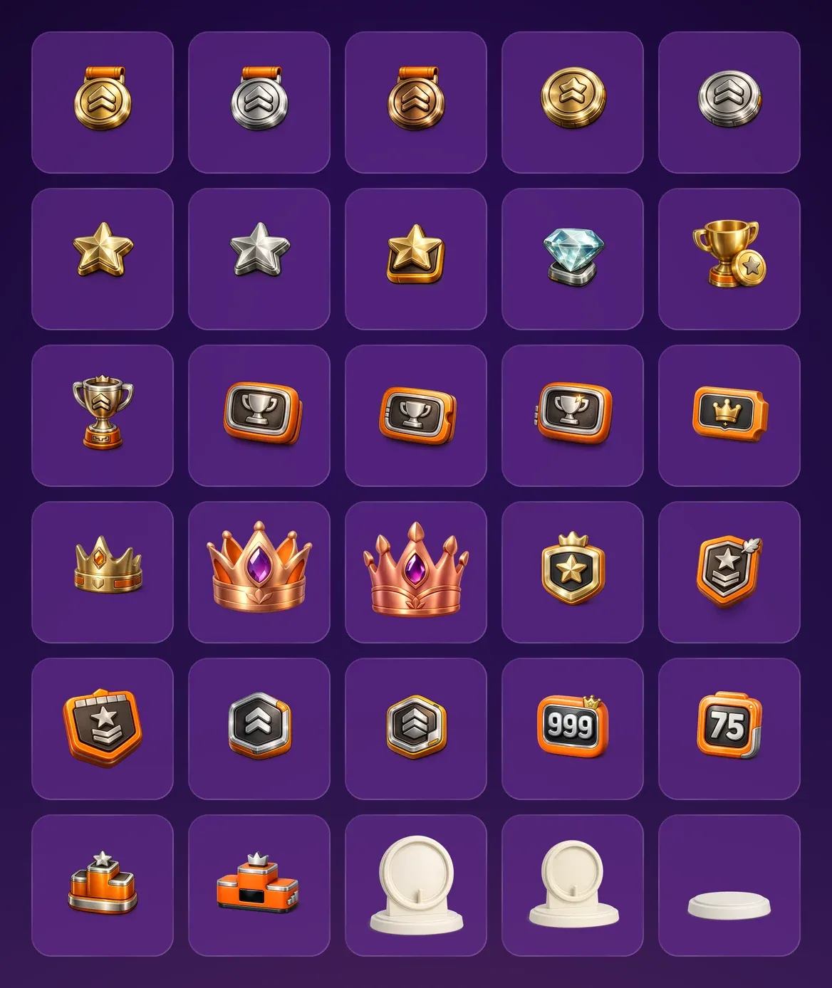 Thirty 3D icons on purple glass tiles: gold, silver and bronze medals, gold and silver coins and stars, a diamond, trophies and trophy plates, three crowns, rank shields and chevrons, 999 and 75 score badges, two podiums and three white display stands.