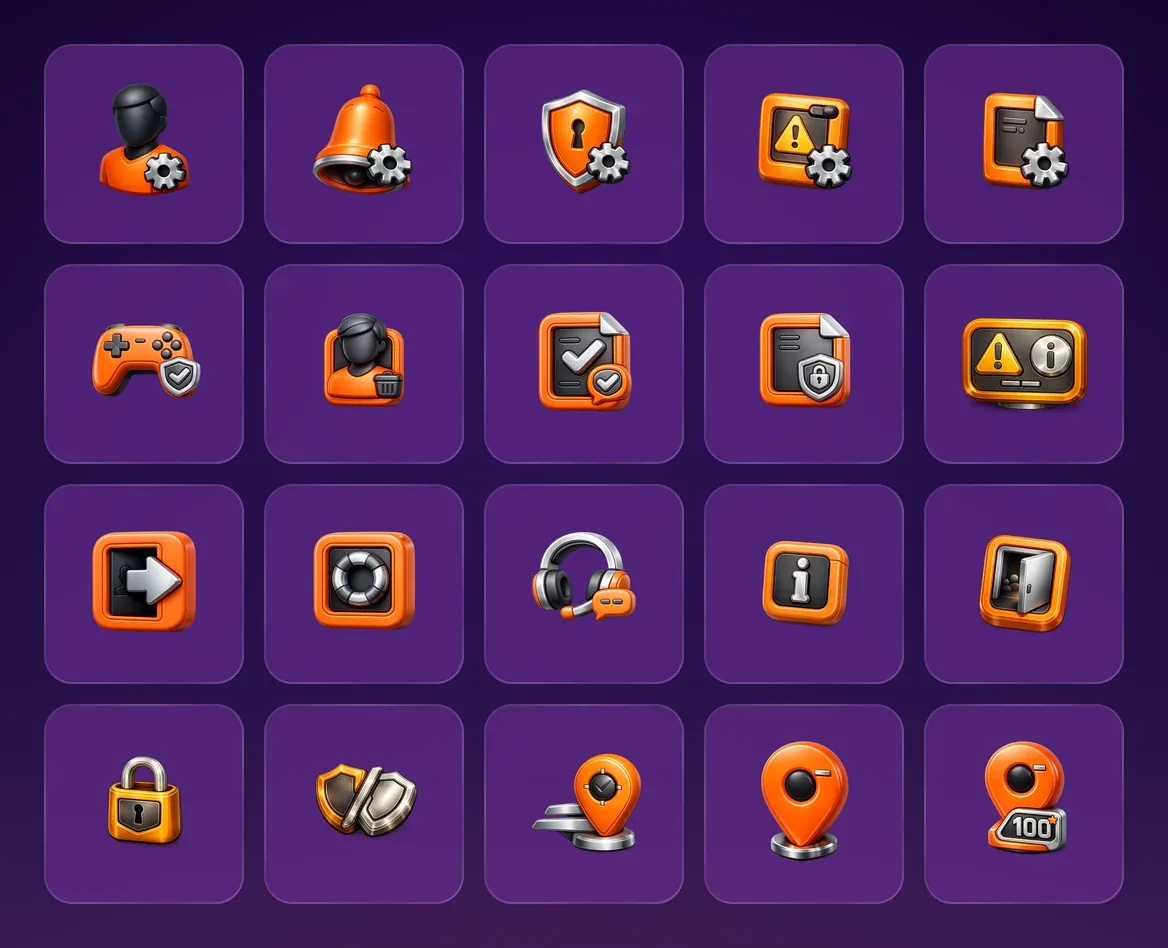Twenty 3D icons on purple glass tiles: a gear on a player, a bell, a shield, a warning and a document, a controller with a shield, a player with a bin, documents with a tick or a padlock, a warning and info plate, sign-out, a lifebuoy, a headset, information, an open door, a padlock, two shields and three map pins.