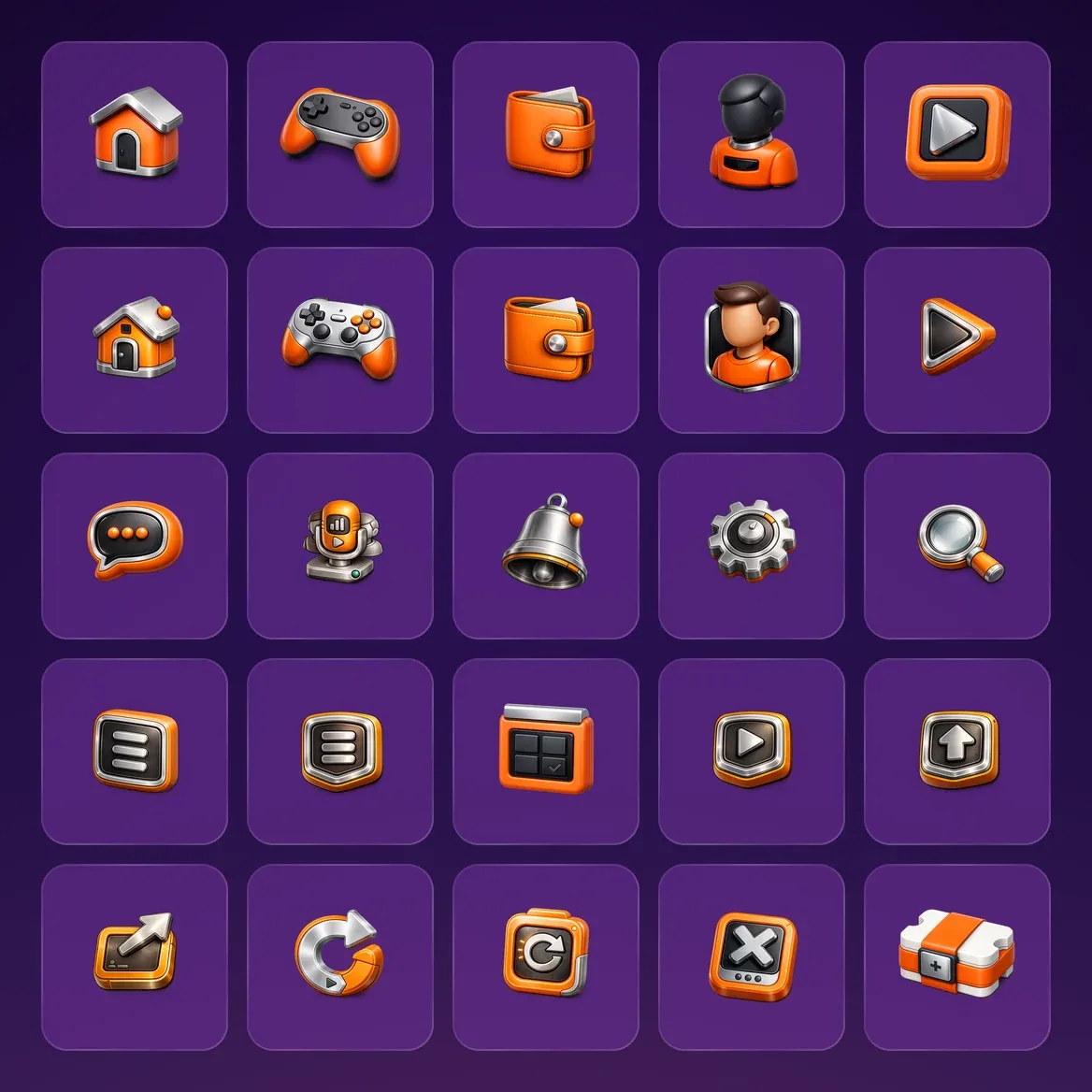 Twenty-five 3D icons on purple glass tiles: home, game controller, wallet, player and play button, each in a later and an earlier version, then chat, a microphone, a bell, a settings gear, search, menus, a layout grid, play and upload plates, share, refresh, close and a box with a plus.