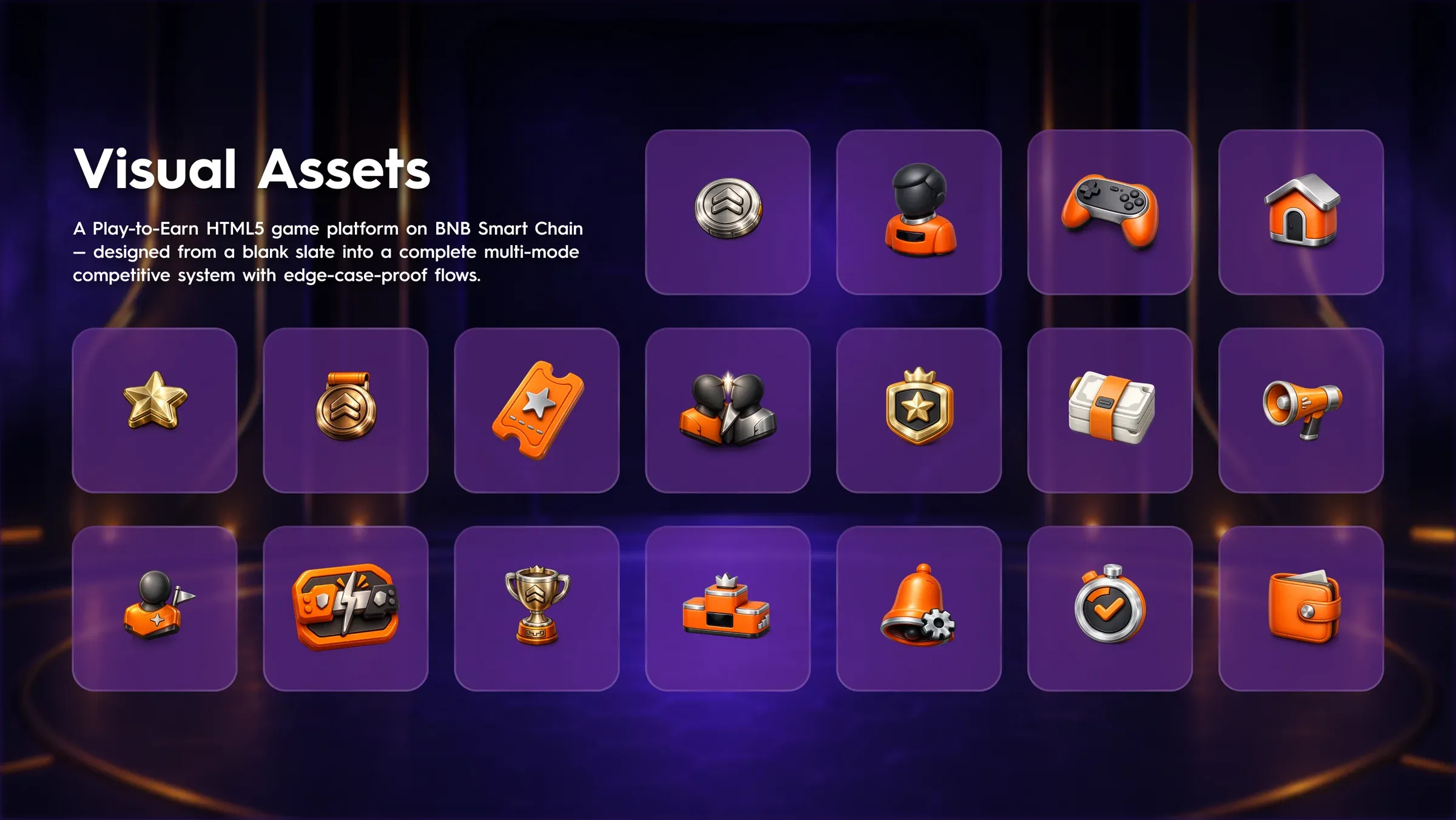Visual Assets slide: eighteen of the 3D icons on purple glass tiles over a lit stage, beside the line “A Play-to-Earn HTML5 game platform on BNB Smart Chain — designed from a blank slate into a complete multi-mode competitive system with edge-case-proof flows”.
