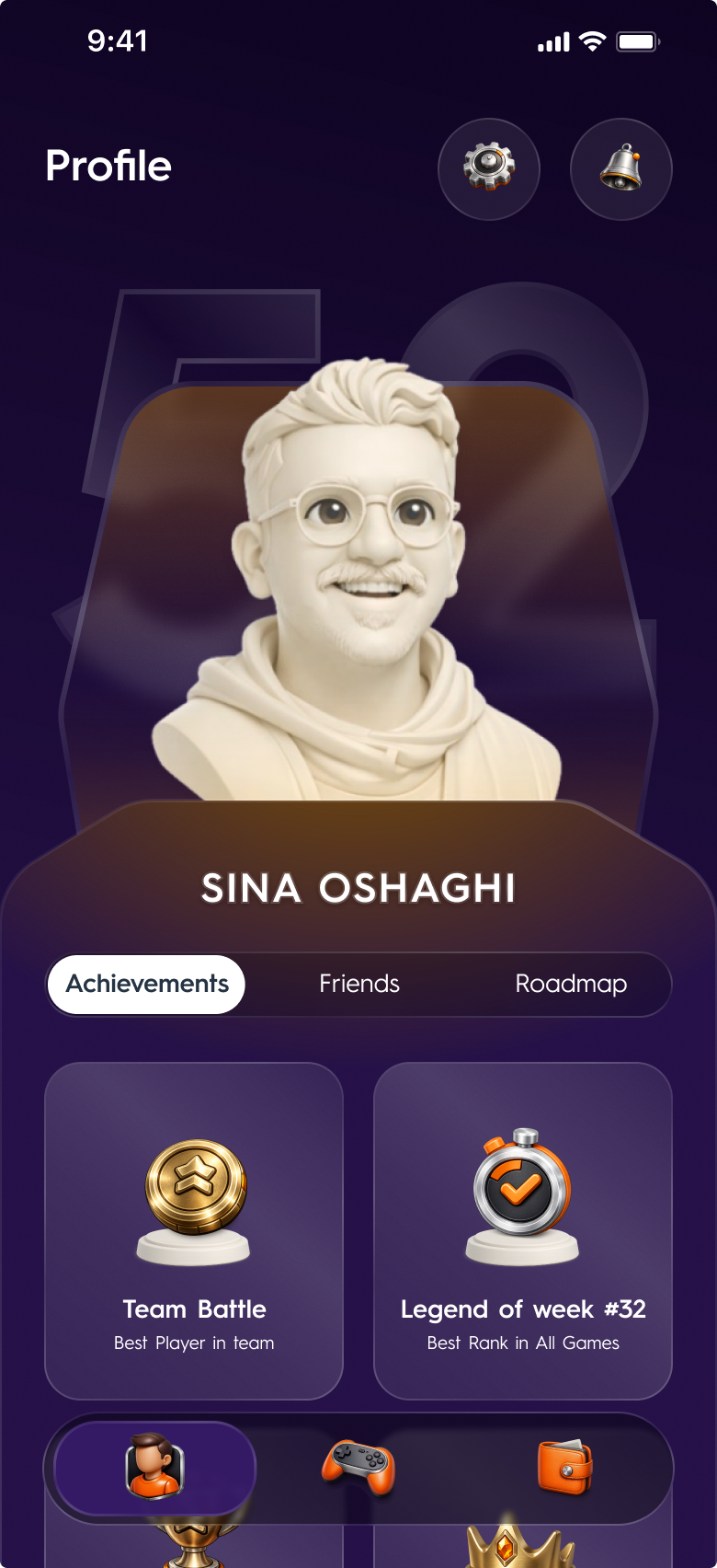 Level-up animation, first keyframe: the profile with the avatar, achievements and the three-tab bar