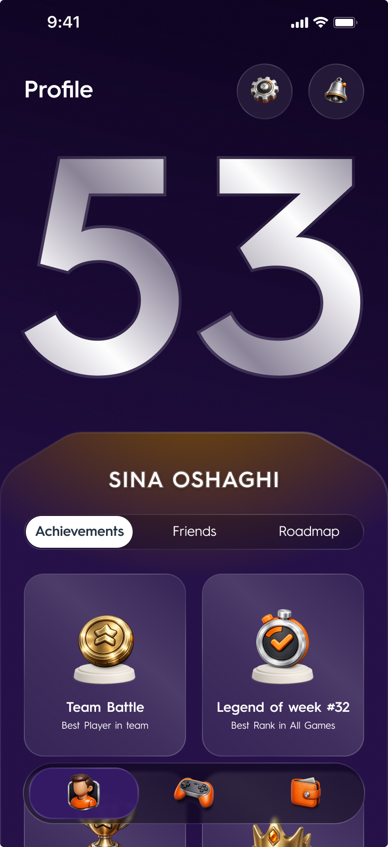 Level-up animation, last keyframe: the new level number fills the profile card