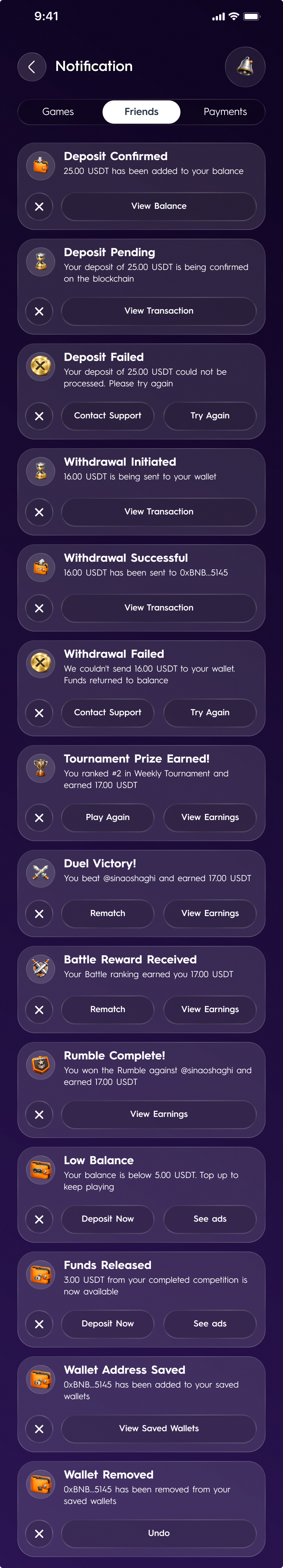 Notification feed: transactional cards for deposits, withdrawals, prizes and duel results, each with its own actions