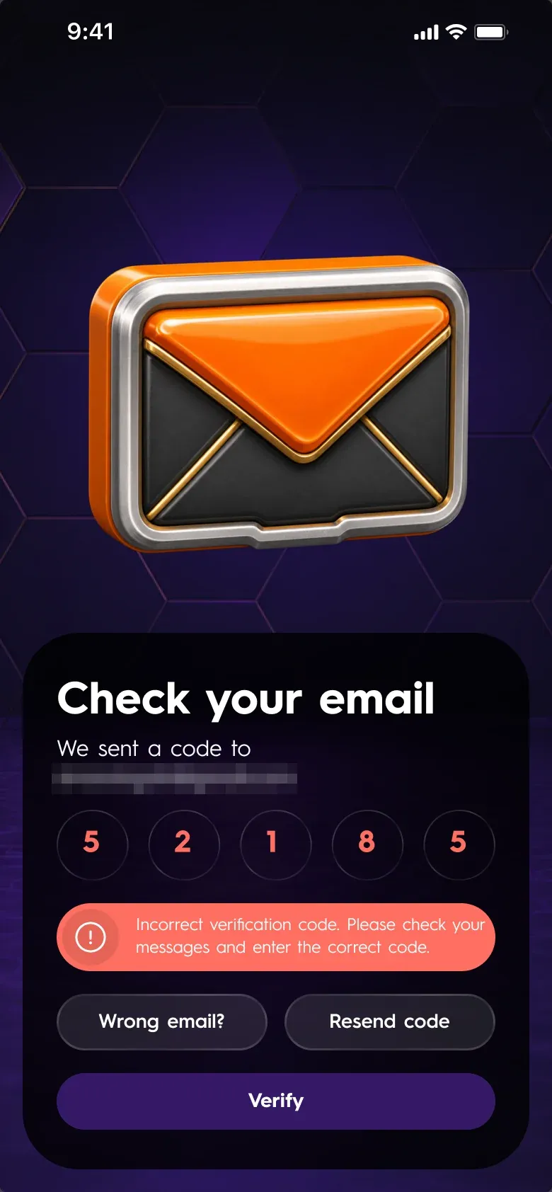RP1 auf dem Smartphone — Anmeldung: E-Mail-Code, falscher Code, die E-Mail-Adresse verpixelt