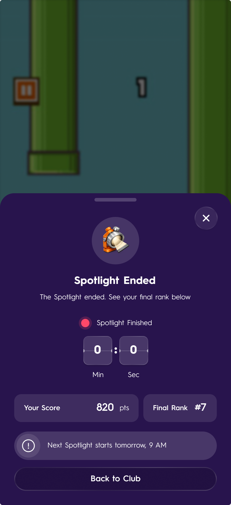 Spotlight-ended sheet: final score, final rank and the next Spotlight's start time