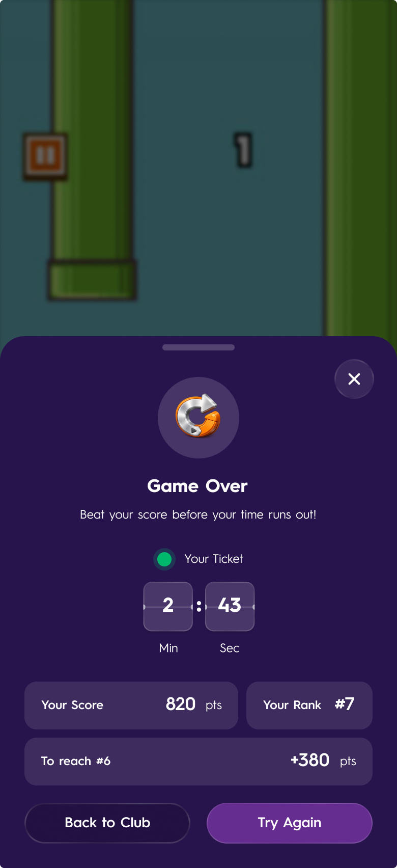 Game-over sheet in Today's Spotlight: score, rank, the points needed for the next rank and the remaining ticket time
